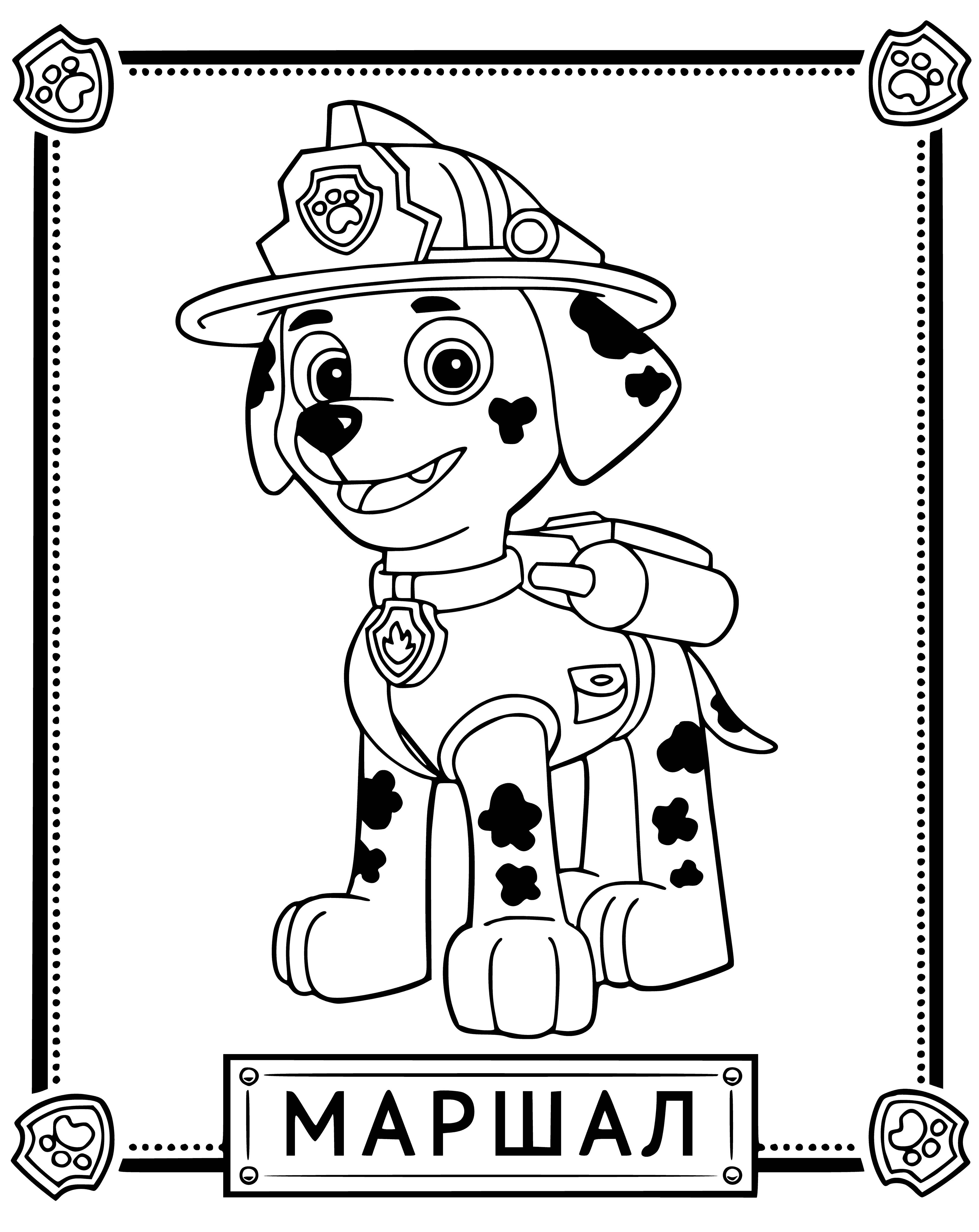 coloring page: Marshal is a Dalmatian fire pup ready to help friends put out fires & save lives. He wears a firefighter's uniform & has a hose to fight blazes.