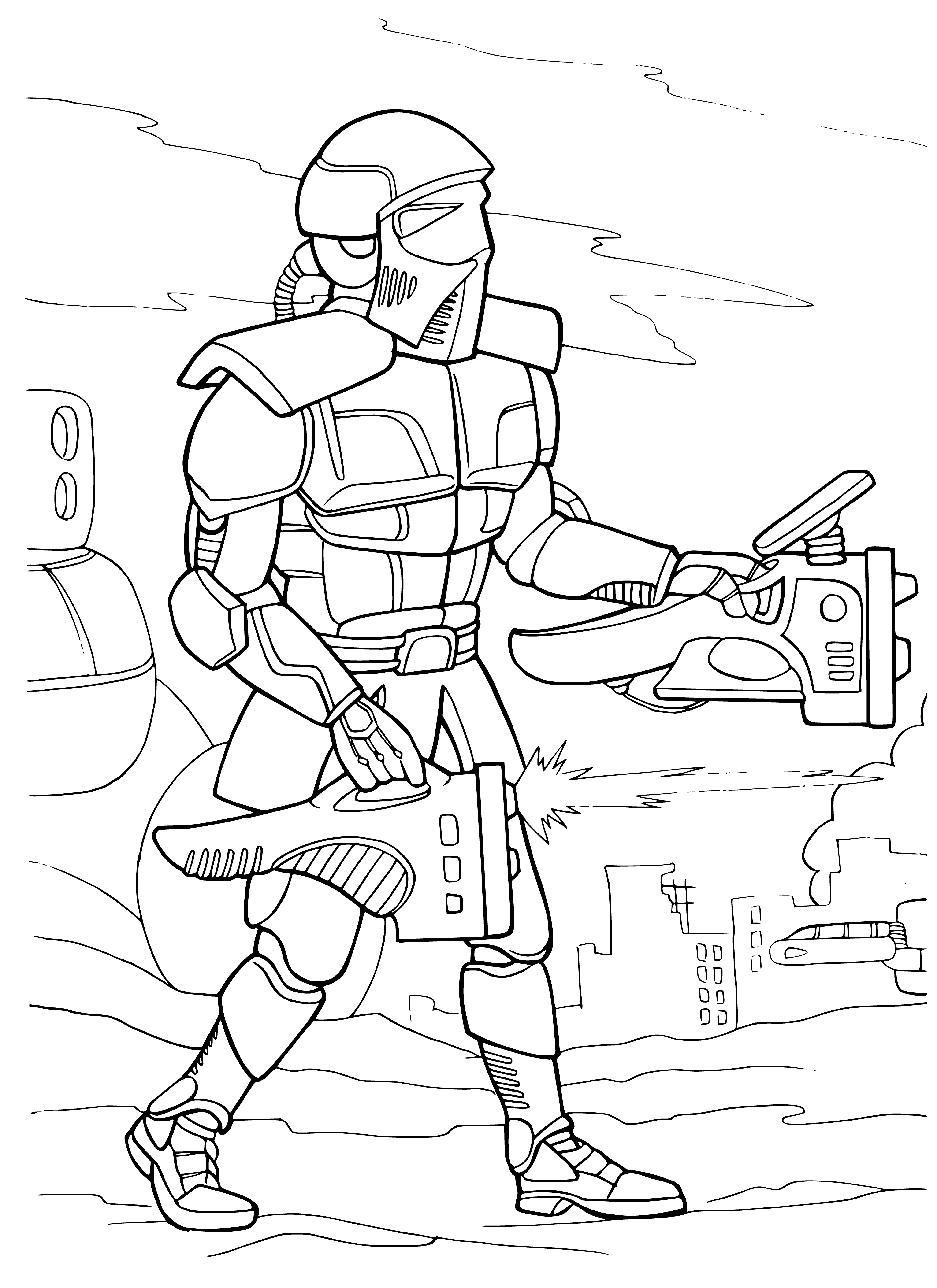coloring page: Future wars fought with battle androids equipped with powerful weapons & armor, proving effective in combat.