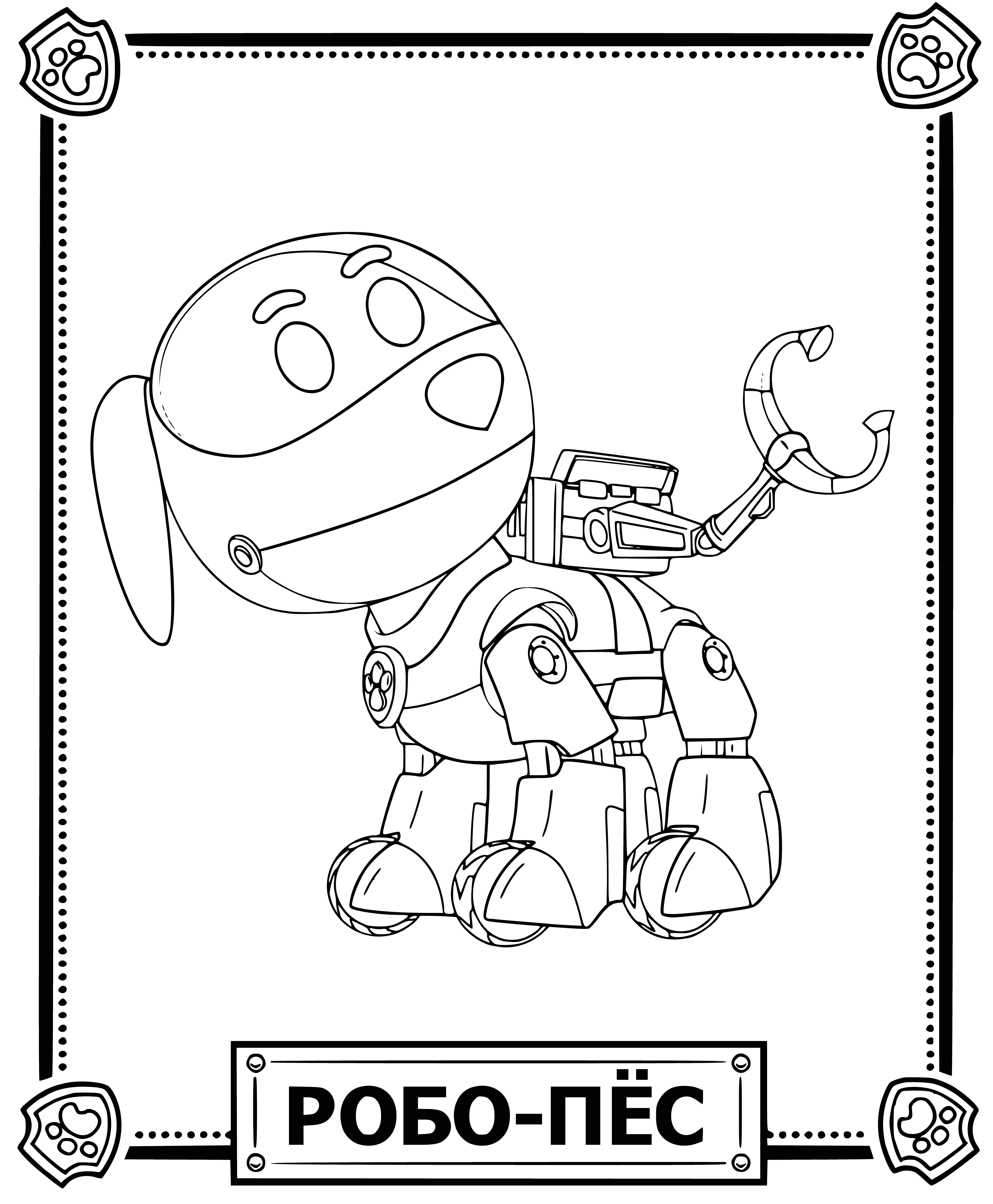 coloring page: Robotic dog from PAW Patrol ready for action! He has yellow body, red collar, blue eyes and a friendly expression.