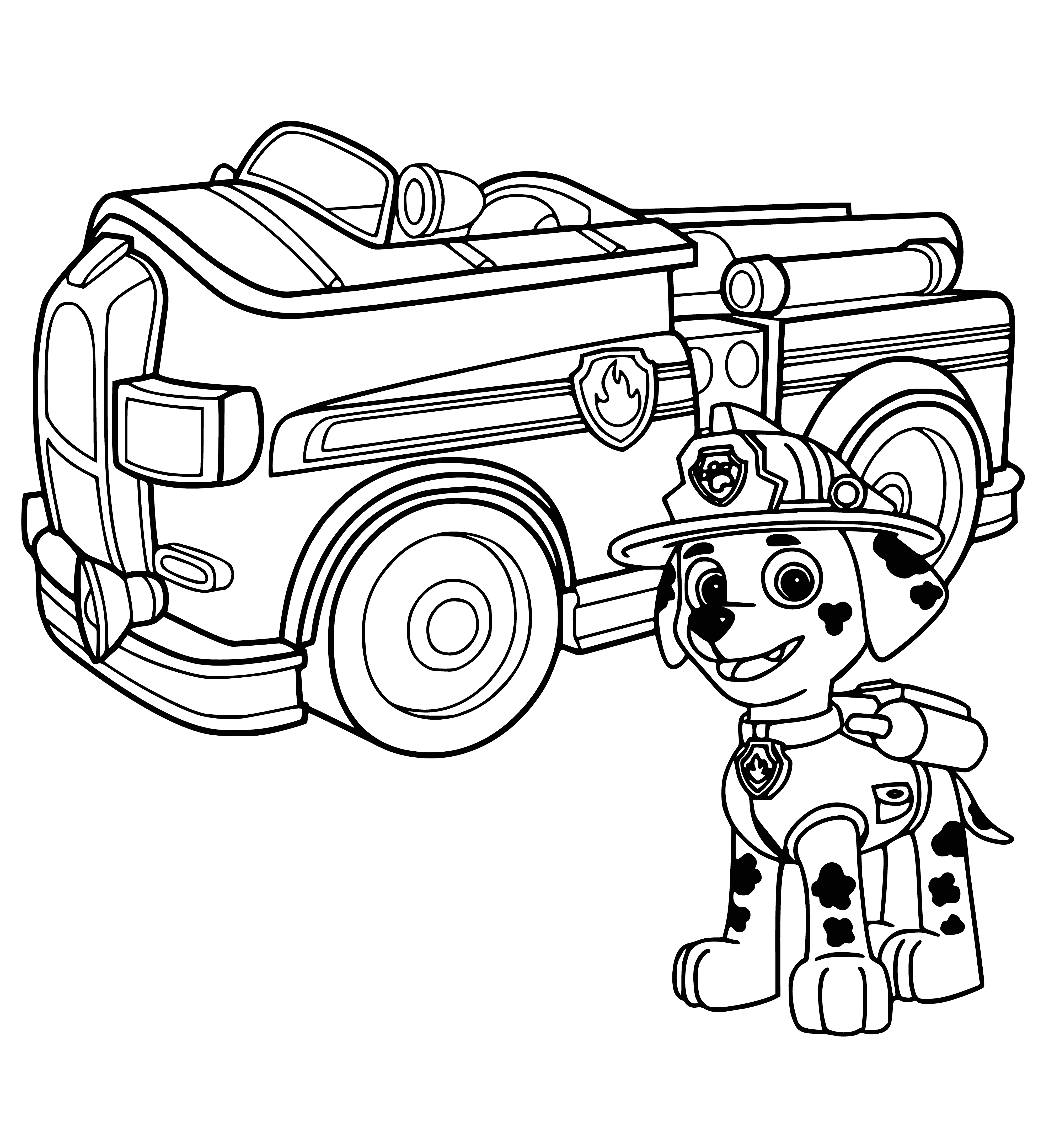 coloring page: Marshal is PAW Patrol's fire pup, voiced by Jaxon Mercer; allergic to cats & drives fire truck!