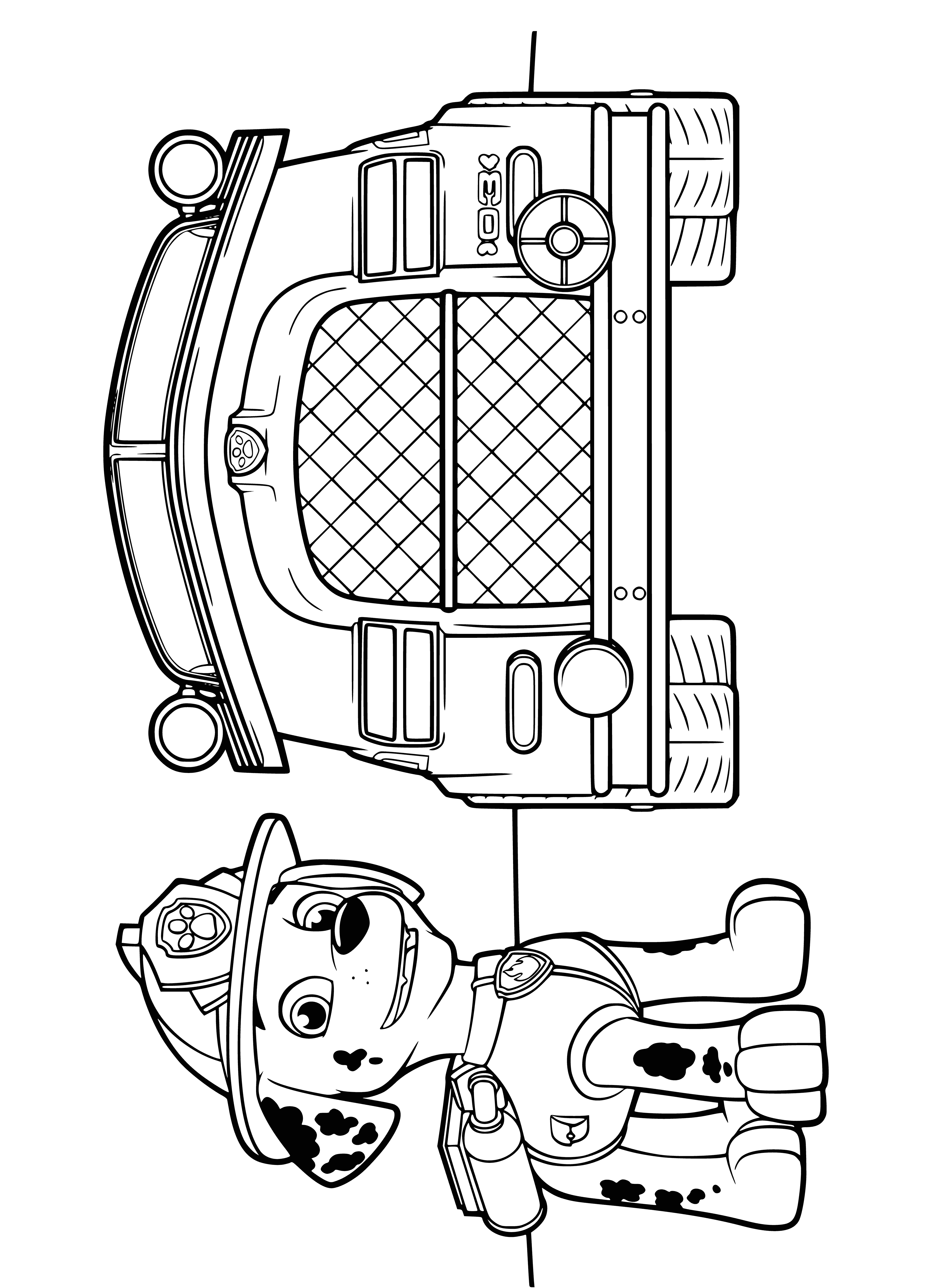 coloring page: PAW Patrol: Marshal & fire truck onscene of fire. Fire truck sprays water, Marshal ready to help.