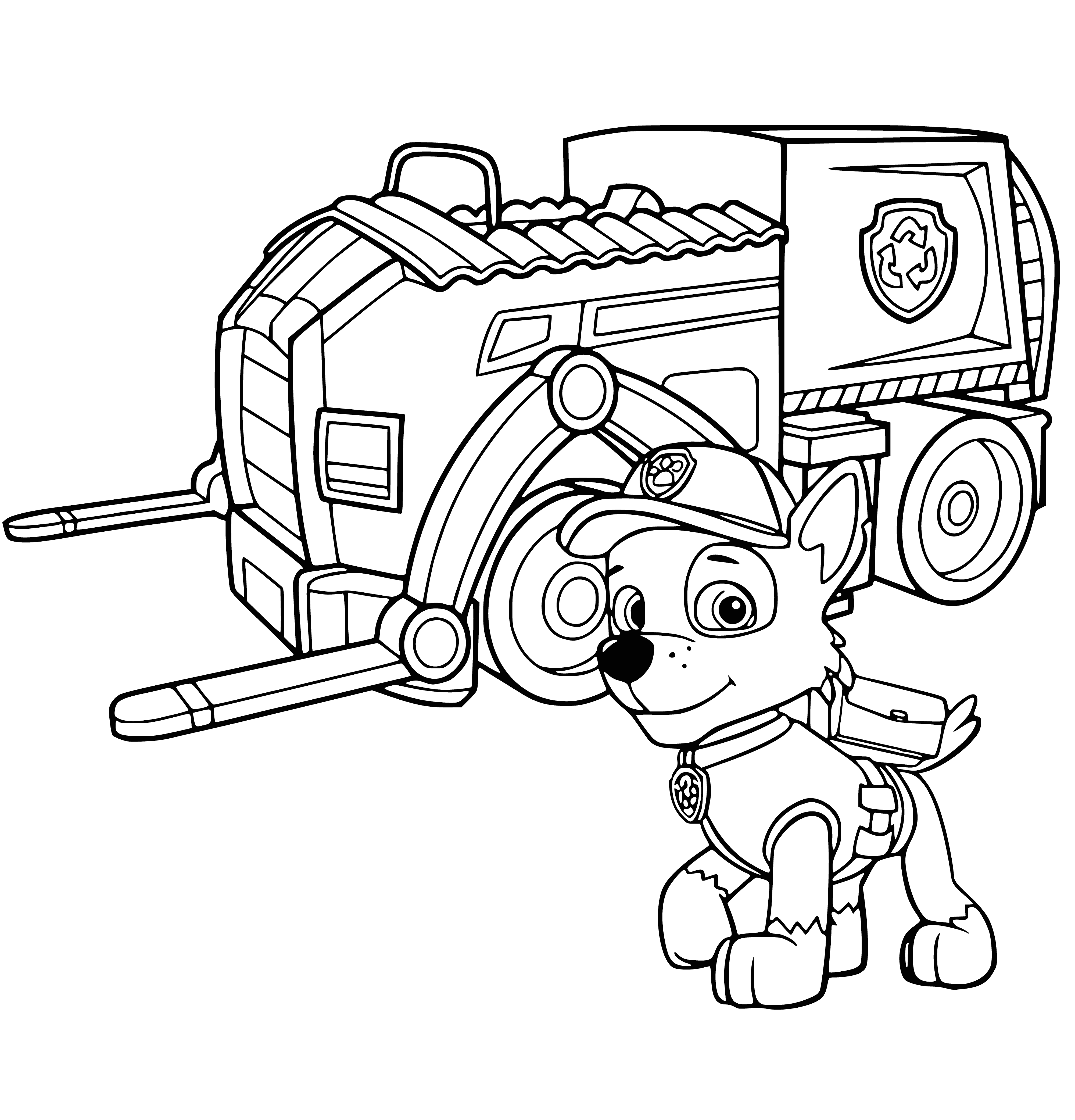 coloring page: Rocky stands happily beside a large machine, sporting a blue vest, hard hat and a smile.