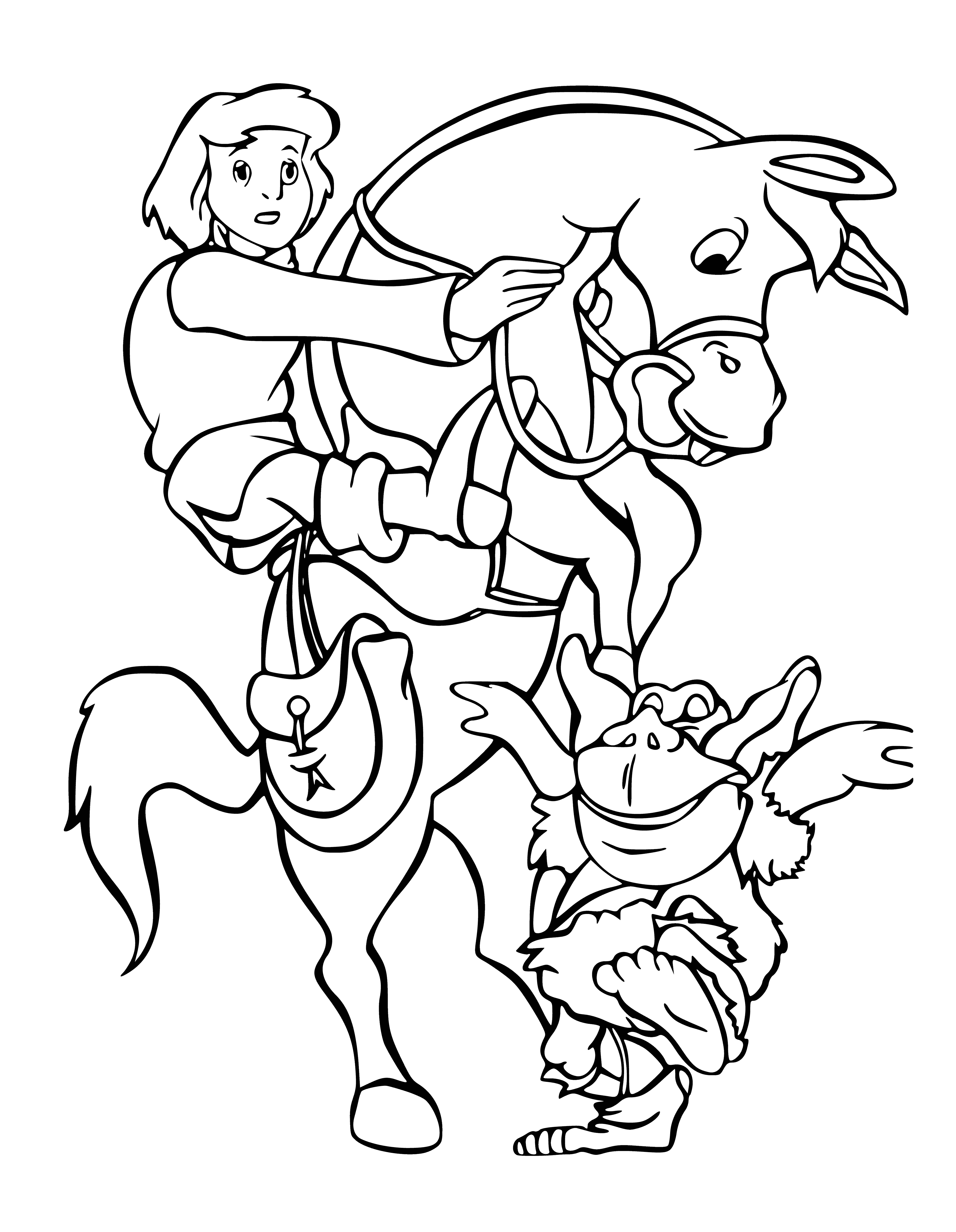 coloring page: A young boy is riding a horse through a grassy field. He has dark hair, light-colored shirt, and dark pants. The horse is brown and white and has a saddle, reins, and a brown bag. The boy is holding a long stick.