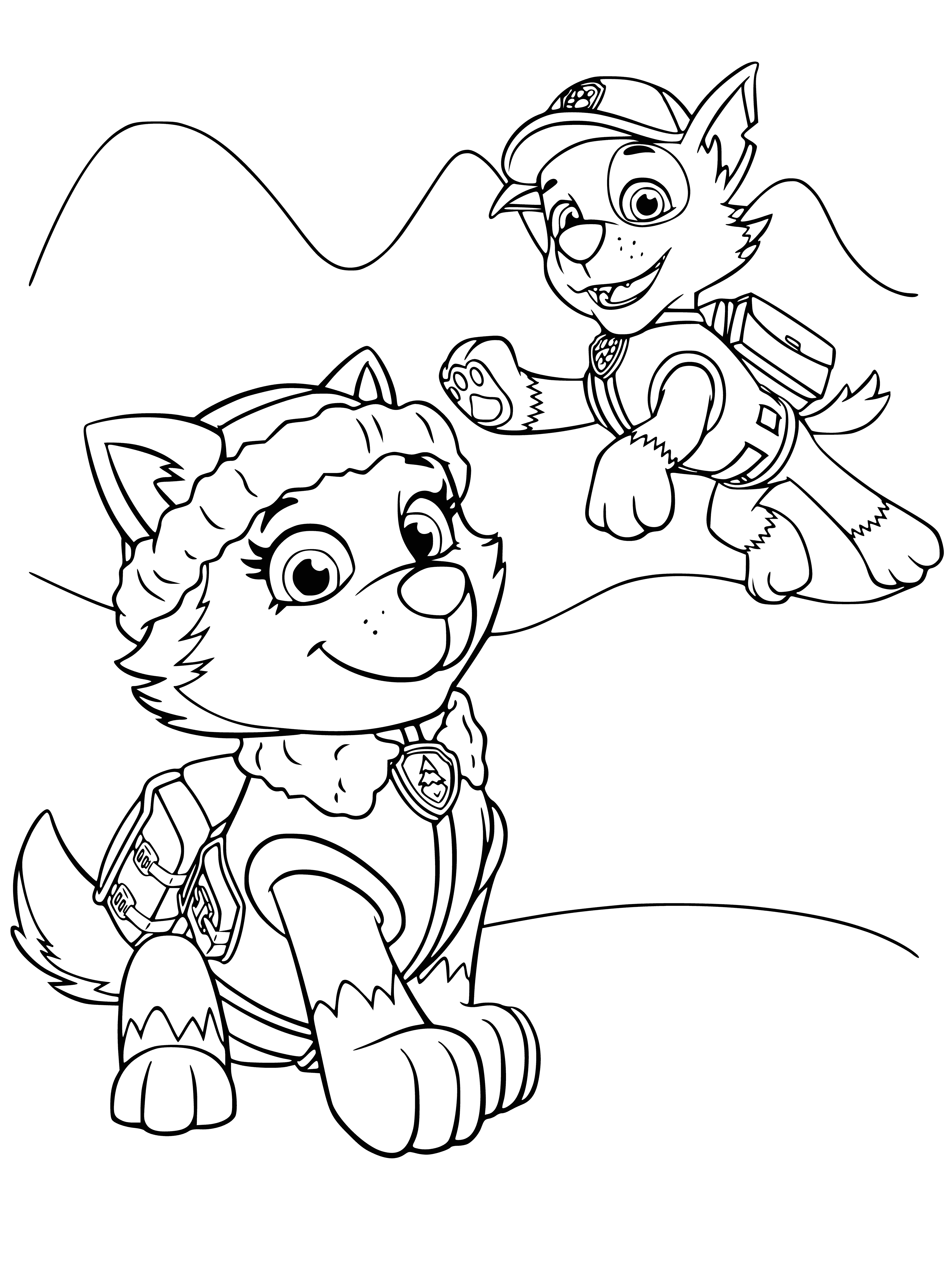 coloring page: Two pups on frozen lake: one wearing blue scarf/backpack, holding rope. Other wearing pink harness, standing by block of ice.