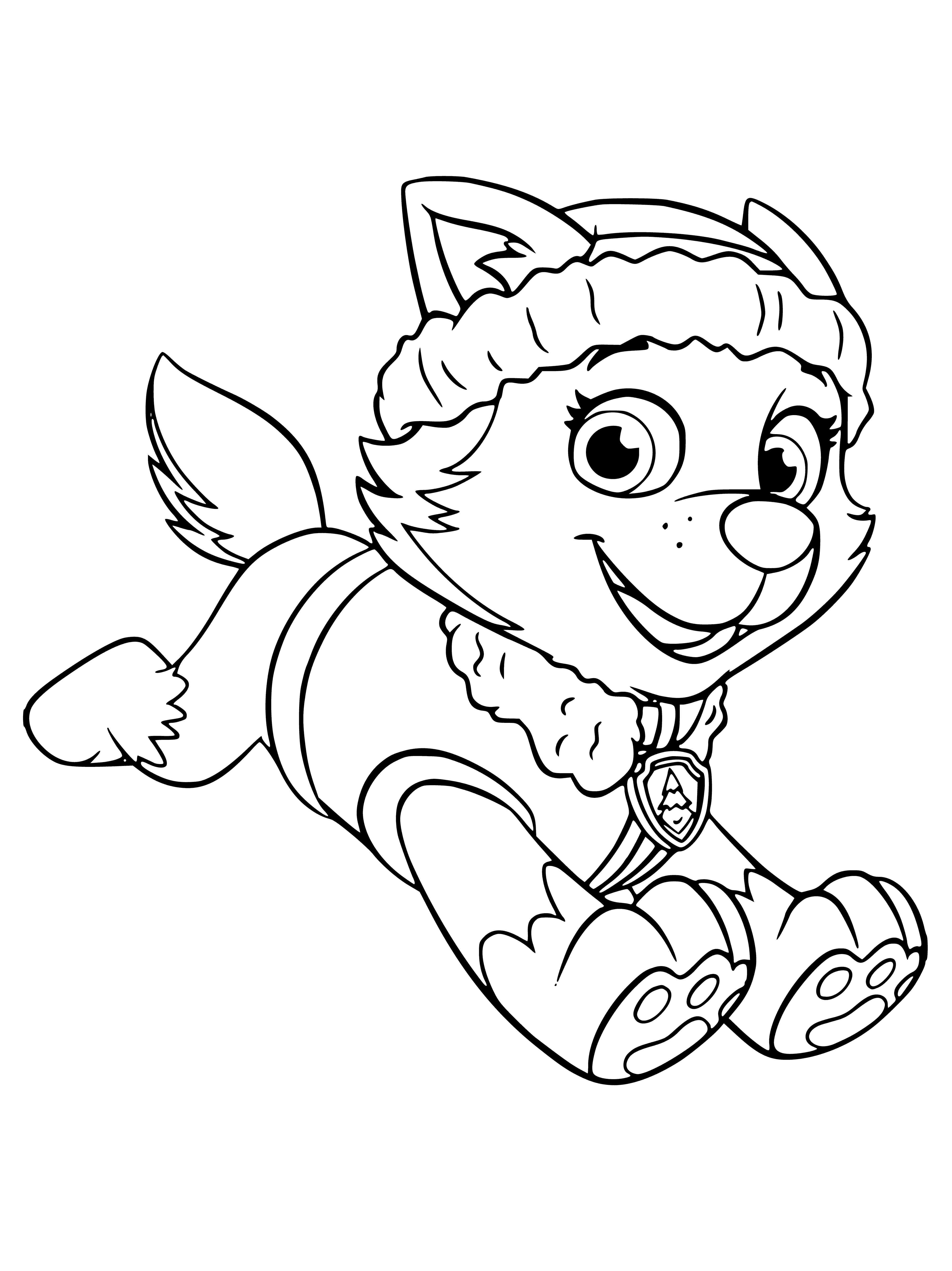 coloring page: Everest, a white/light brown husky with blue eyes & a blue/white collar/harness, is a member of the PAW Patrol.