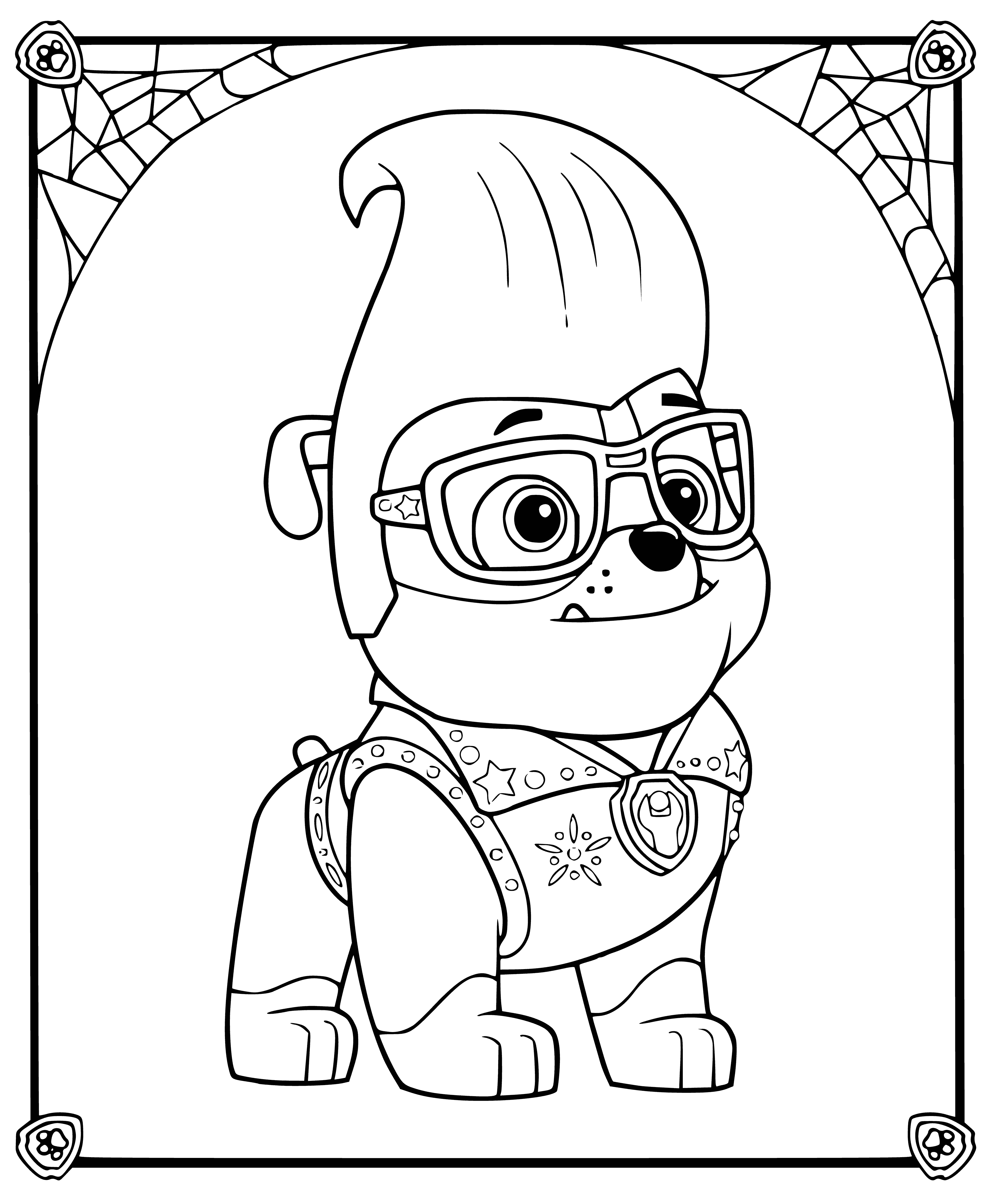 coloring page: Mayor Goodway giving speech, surrounded by PAW Patrol on stage. Ryder leading with pup pack, pups attentive and happy.