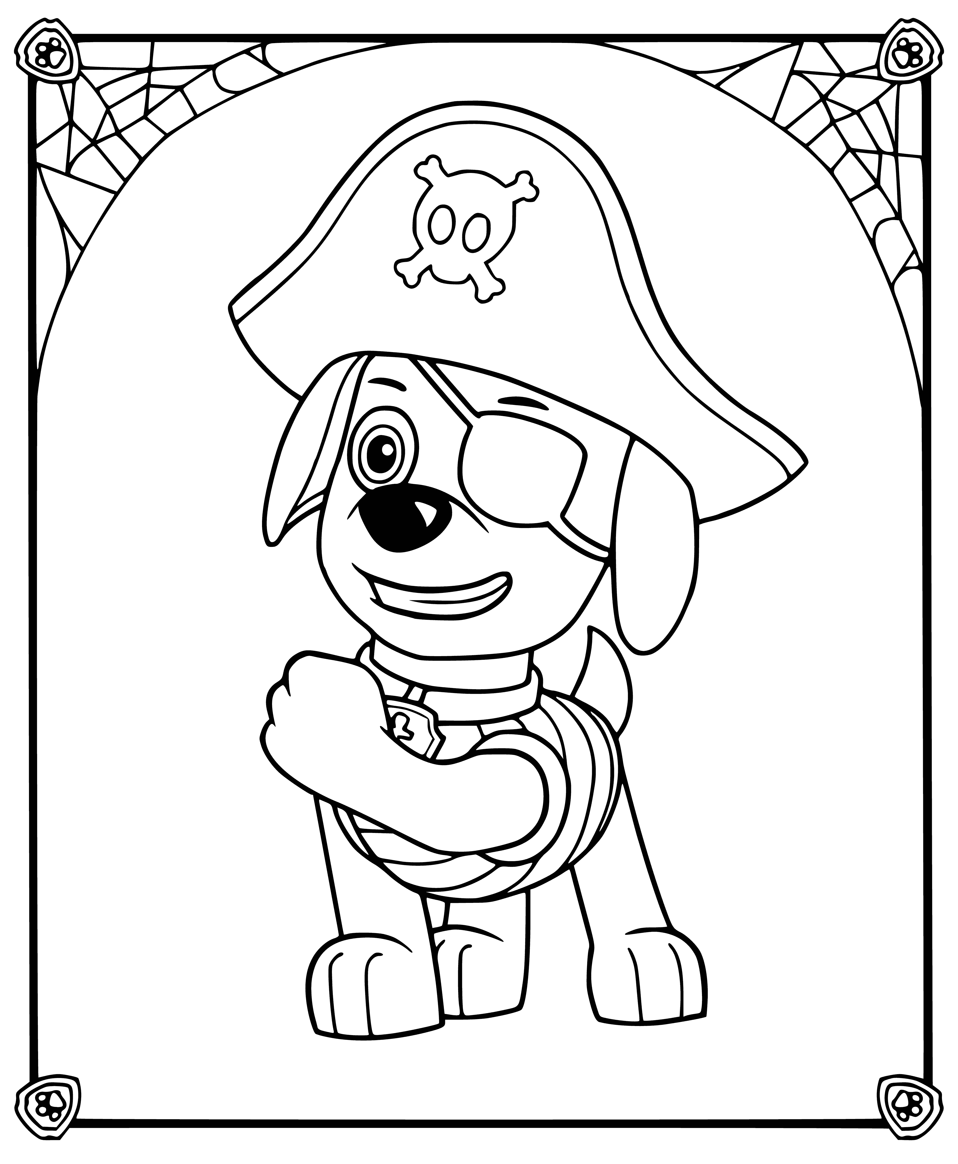 coloring page: Pirate Zuma stands atop a rocky outcrop, sword in hand. He's in a blue costume with a white belt and red scarf, plus a brown backpack.
