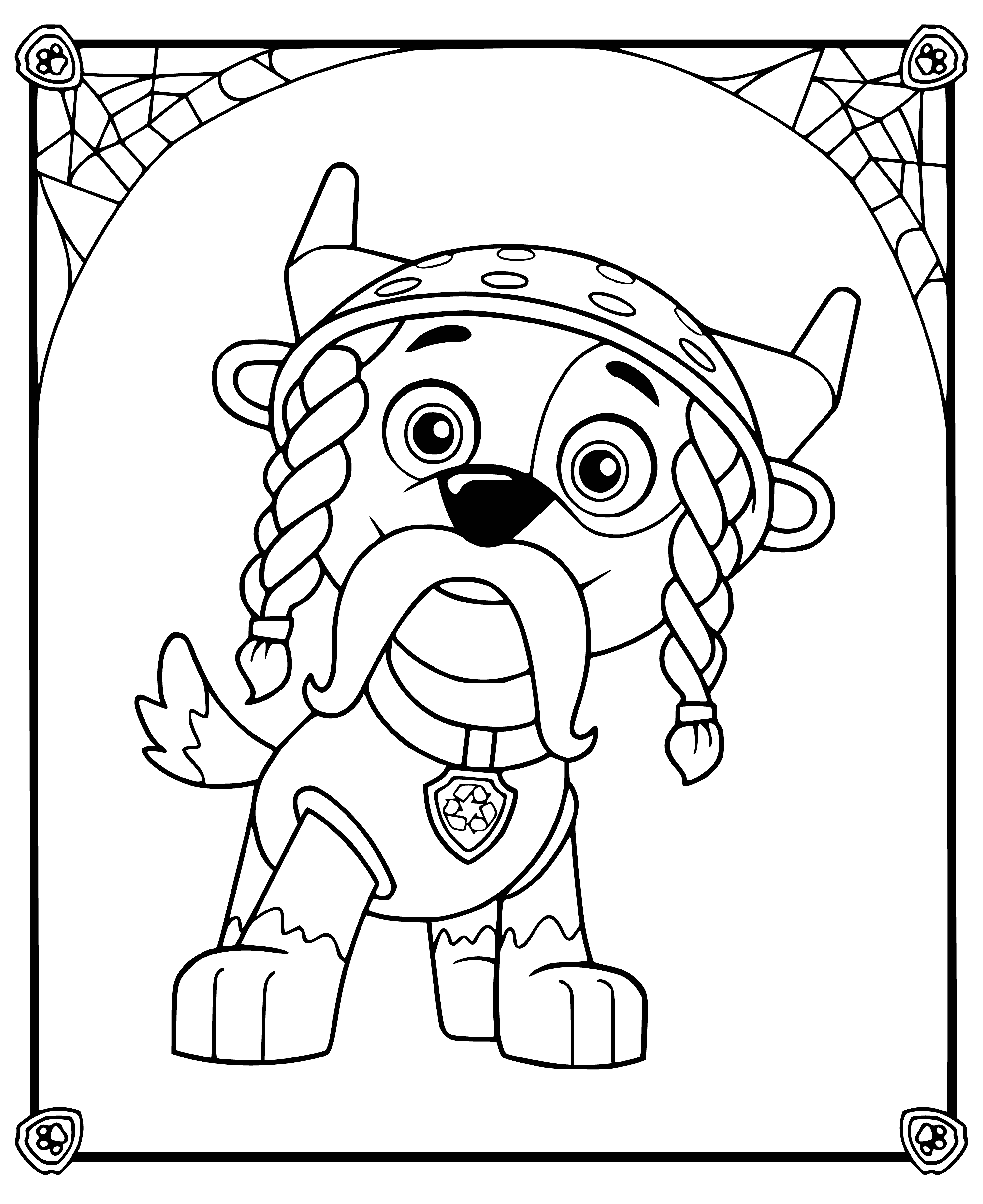 coloring page: Rocky is at carnival in blue cap, red shirt, holding red, white & blue lollipop, enjoying yellow & green striped ride.