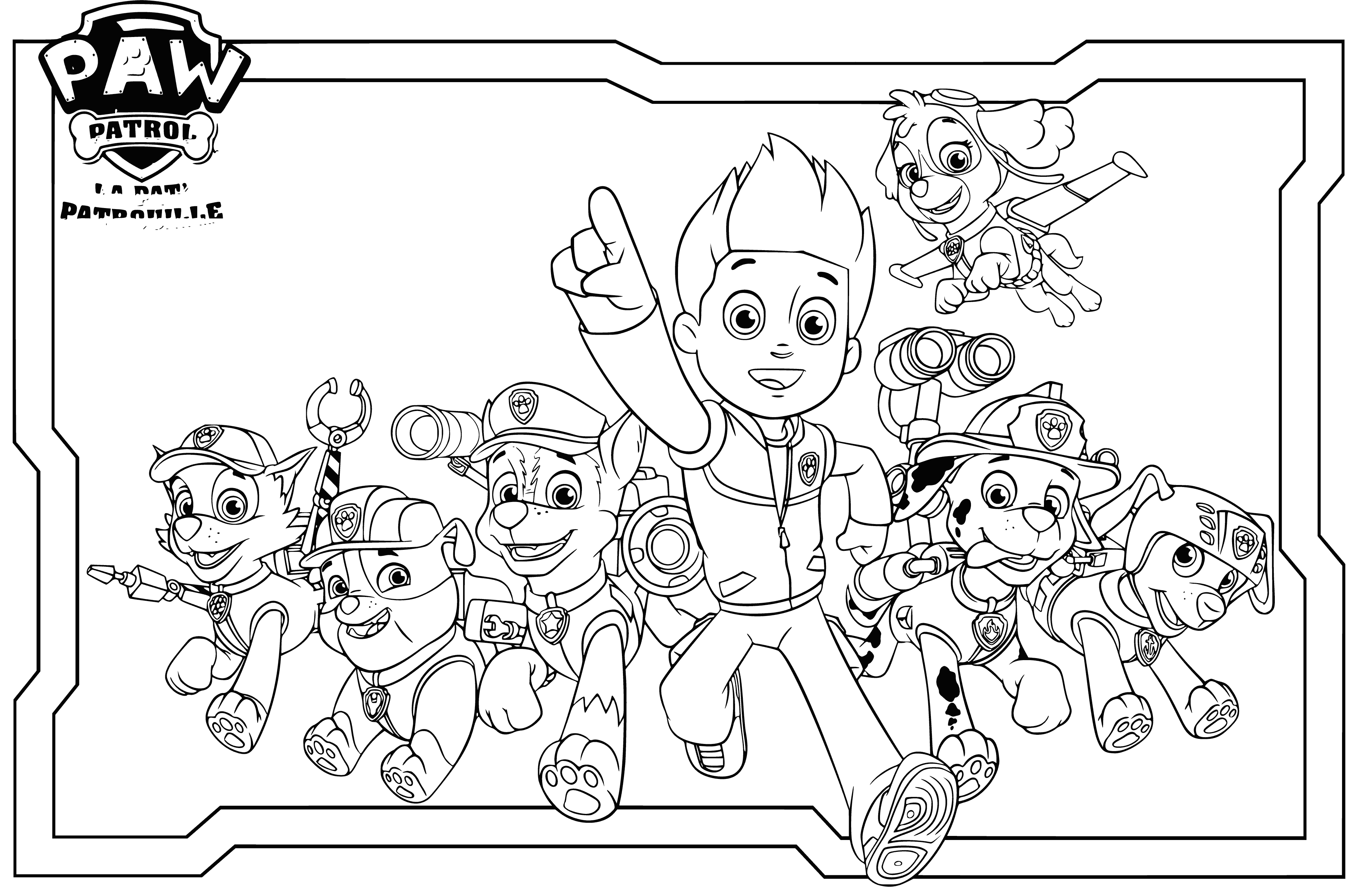 coloring page: Six puppies standing in formation, badges on each one. Seventh pup sitting down says "PUP PATROL!" #PuppyLove
