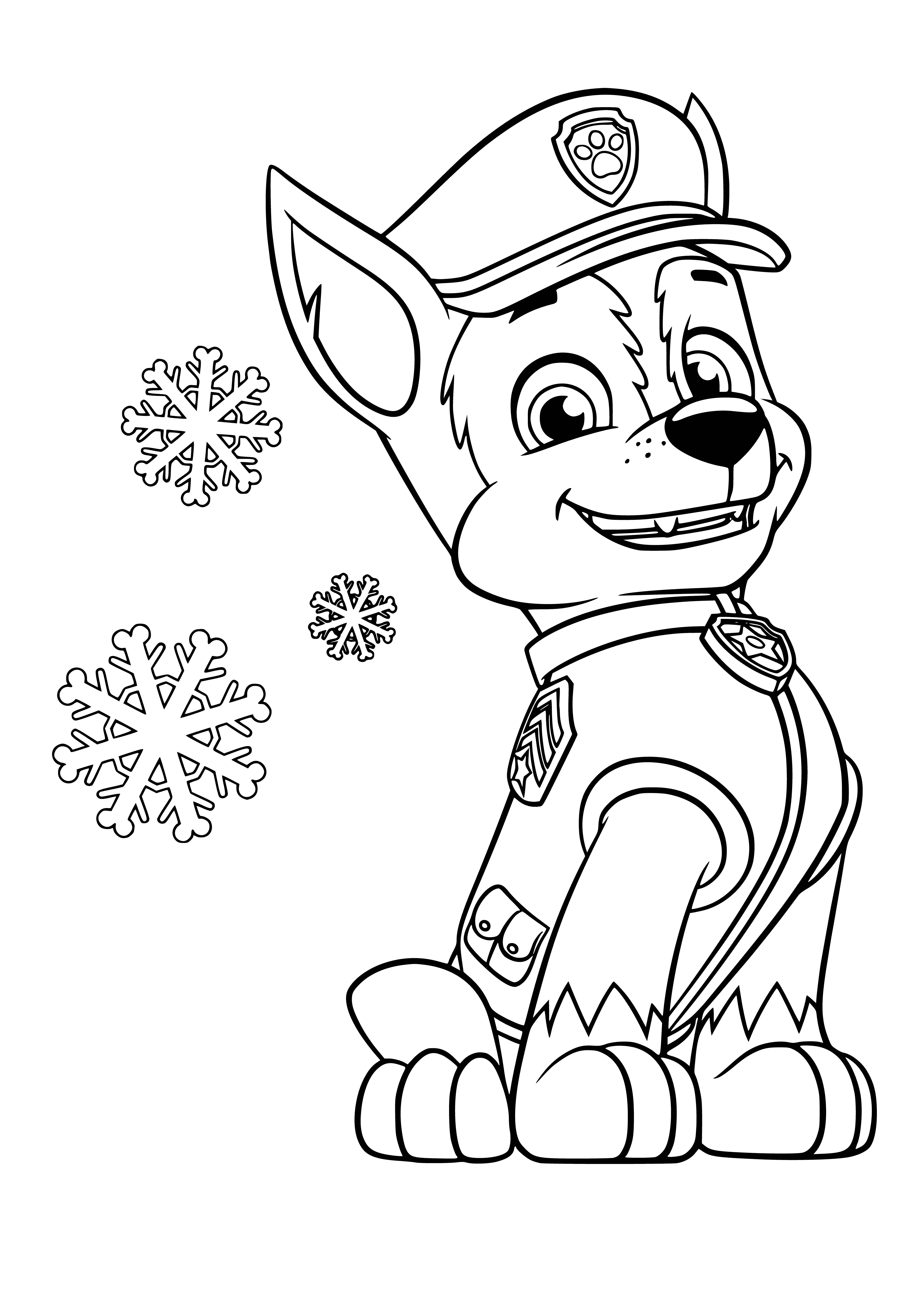 coloring page: PAW Patrol Racer: blue & white toy car w/Logo on front/back, 2 orange/white stripes & 4 blue wheels. Doors open to reveal blue/white interior.