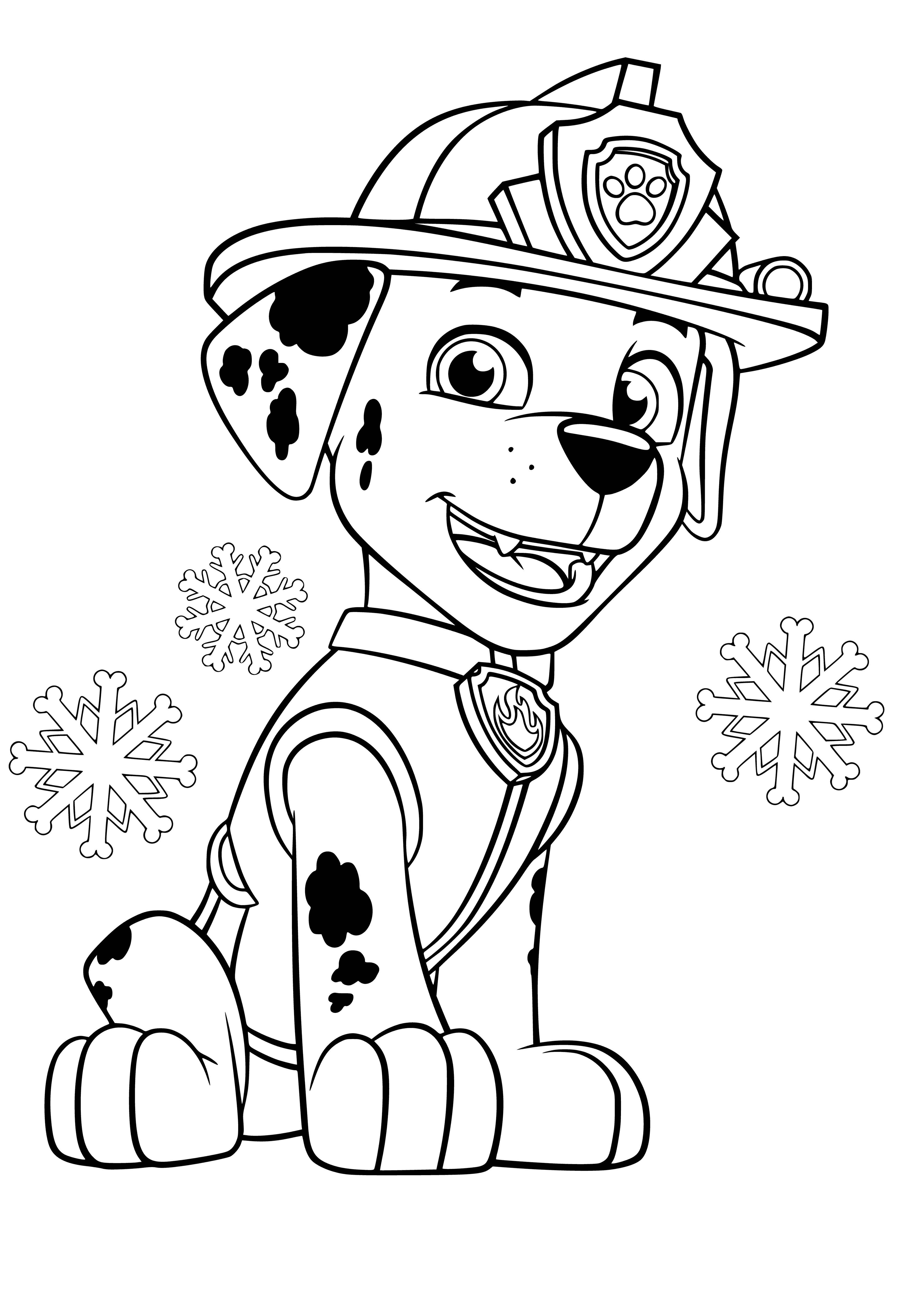 coloring page: Paw Patrol Marshal is all business on duty, brown uniform and spotted Dalmatian ears, red neckerchief and red Paw Patrol backpack, ready to solve any mystery with binoculars and badge. #pawpatrol #dalmatianmarshal