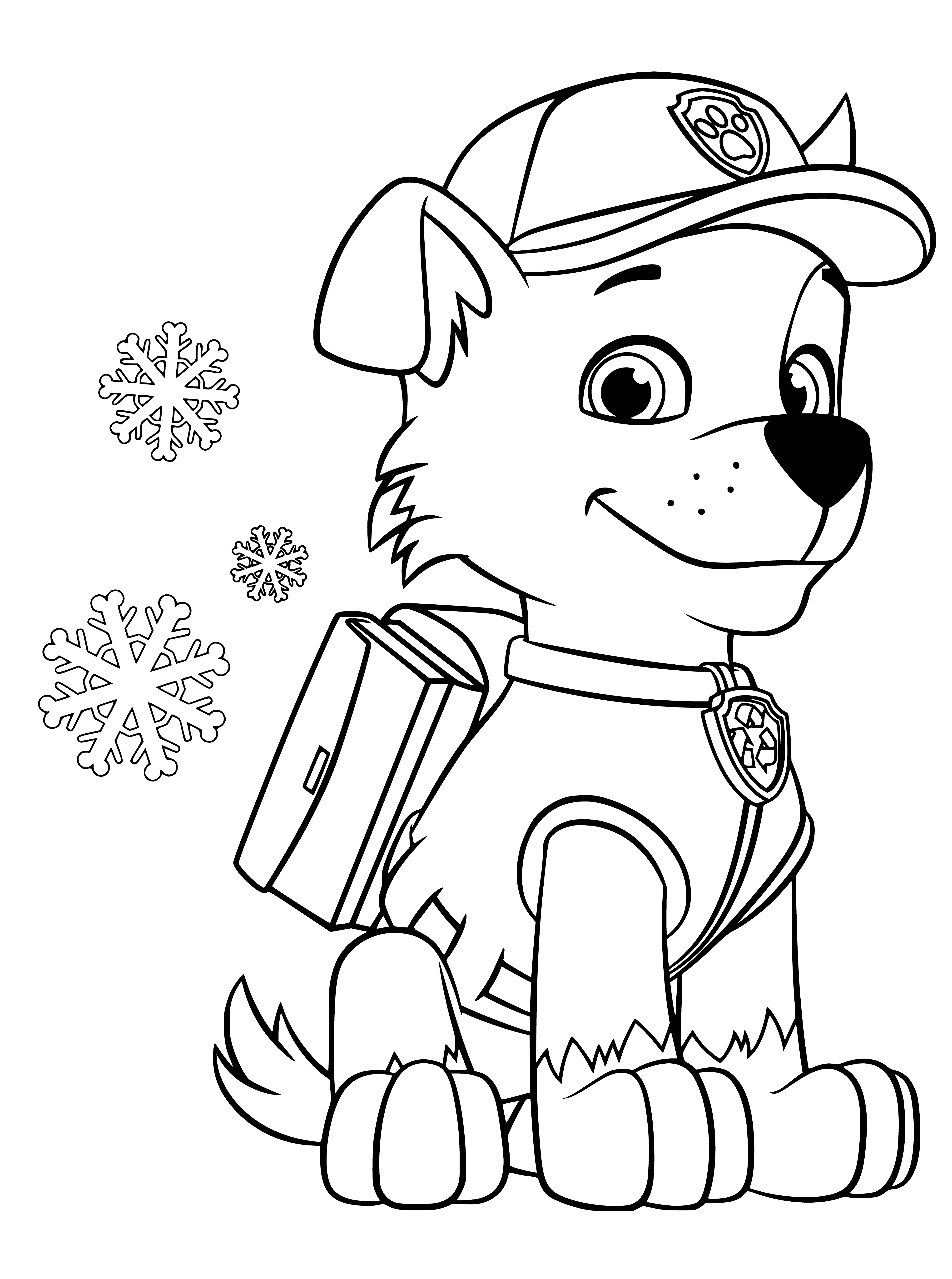 coloring page: Rocky is a border collie pup, recycling expert for PAW Patrol. He sorts materials, plays drums, & always ready to lend a paw!