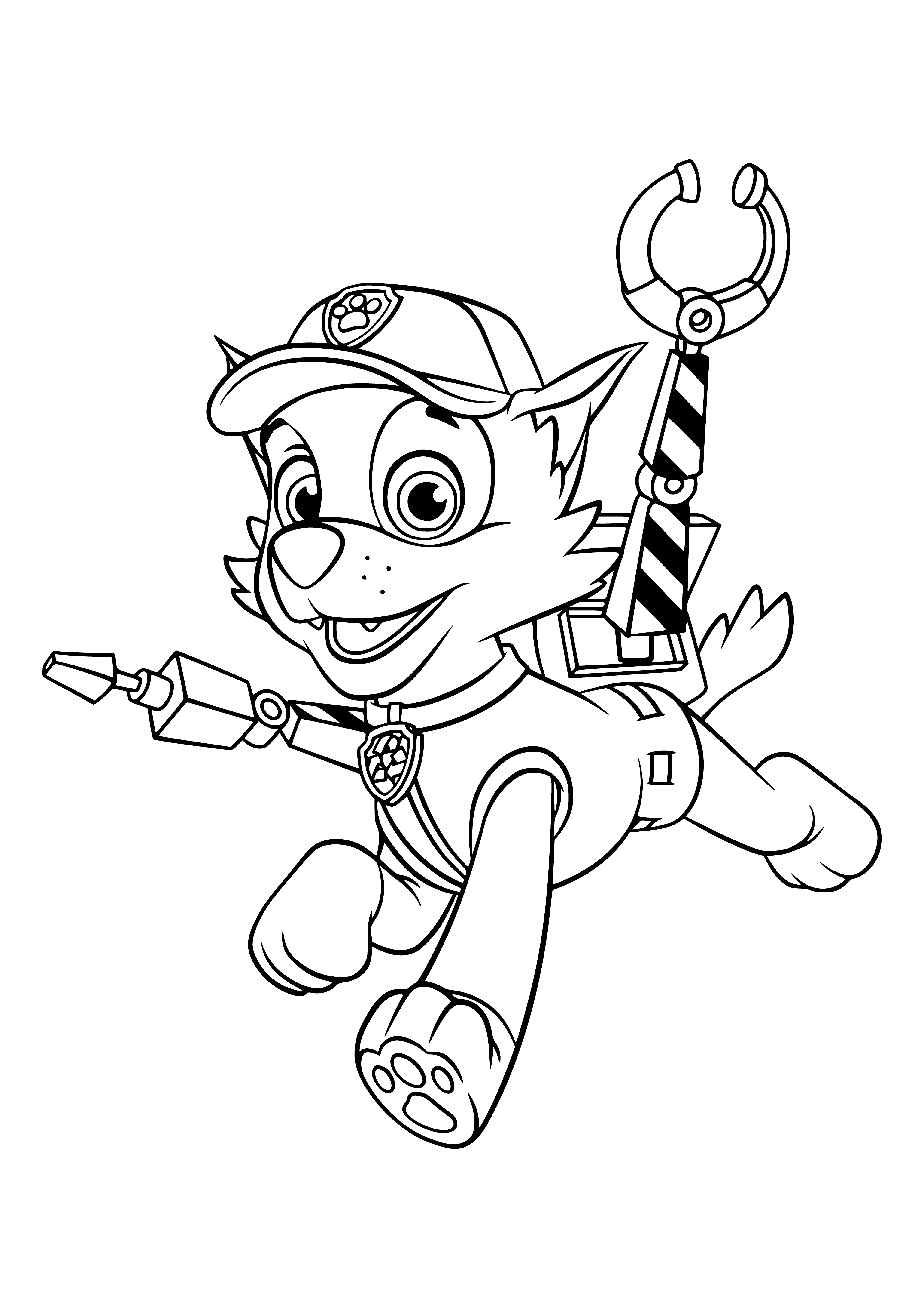 coloring page: Rocky is a brown dog with light brown spots, a black nose, and big black eyes; wearing a fire helmet, holding a fire hose, in front of a red fire truck.