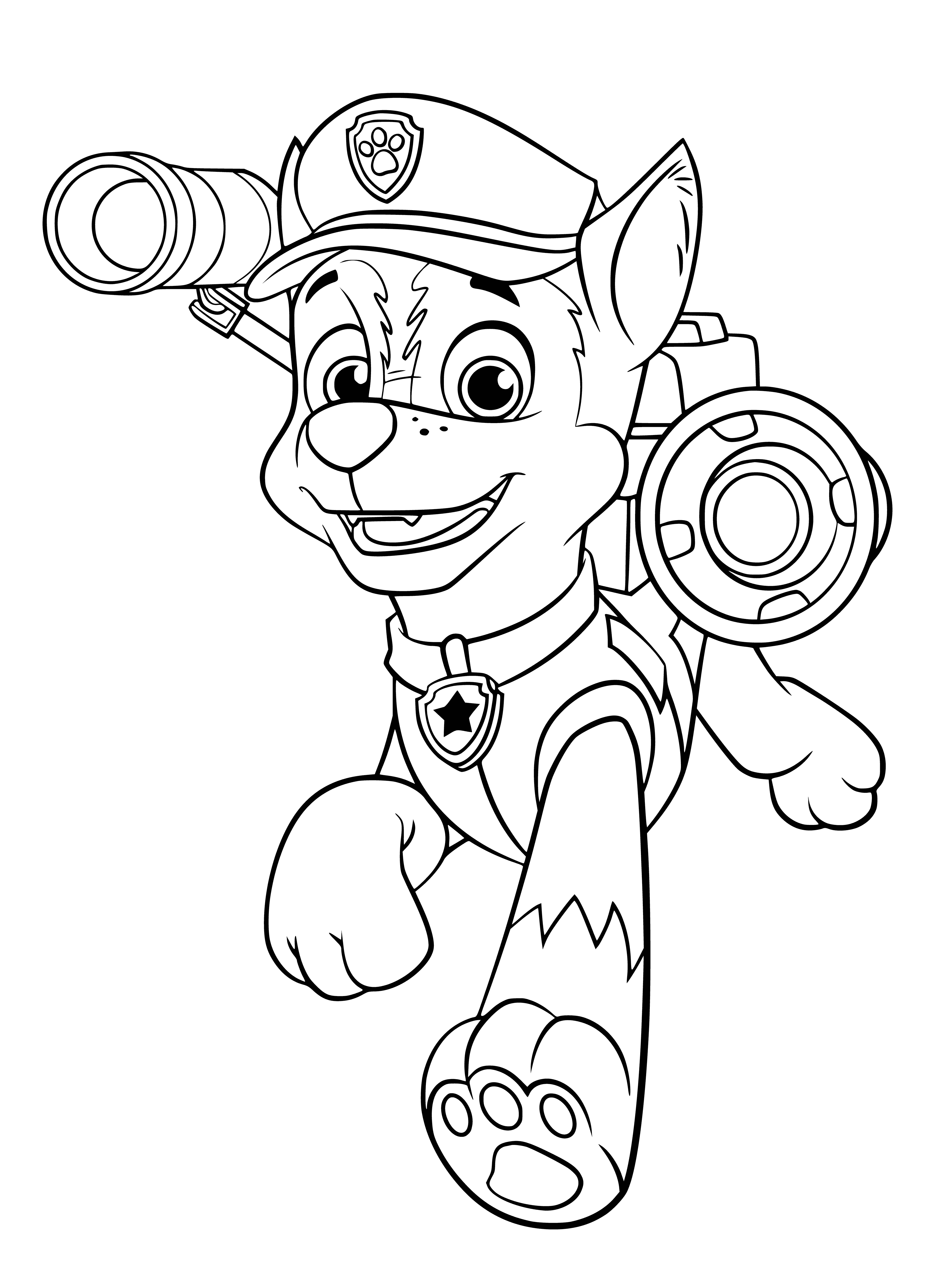 coloring page: PAW Patrol car-inspired racer toy car with red/white paint, blue details, plastic canopy, 4 wheels & checkered flag.