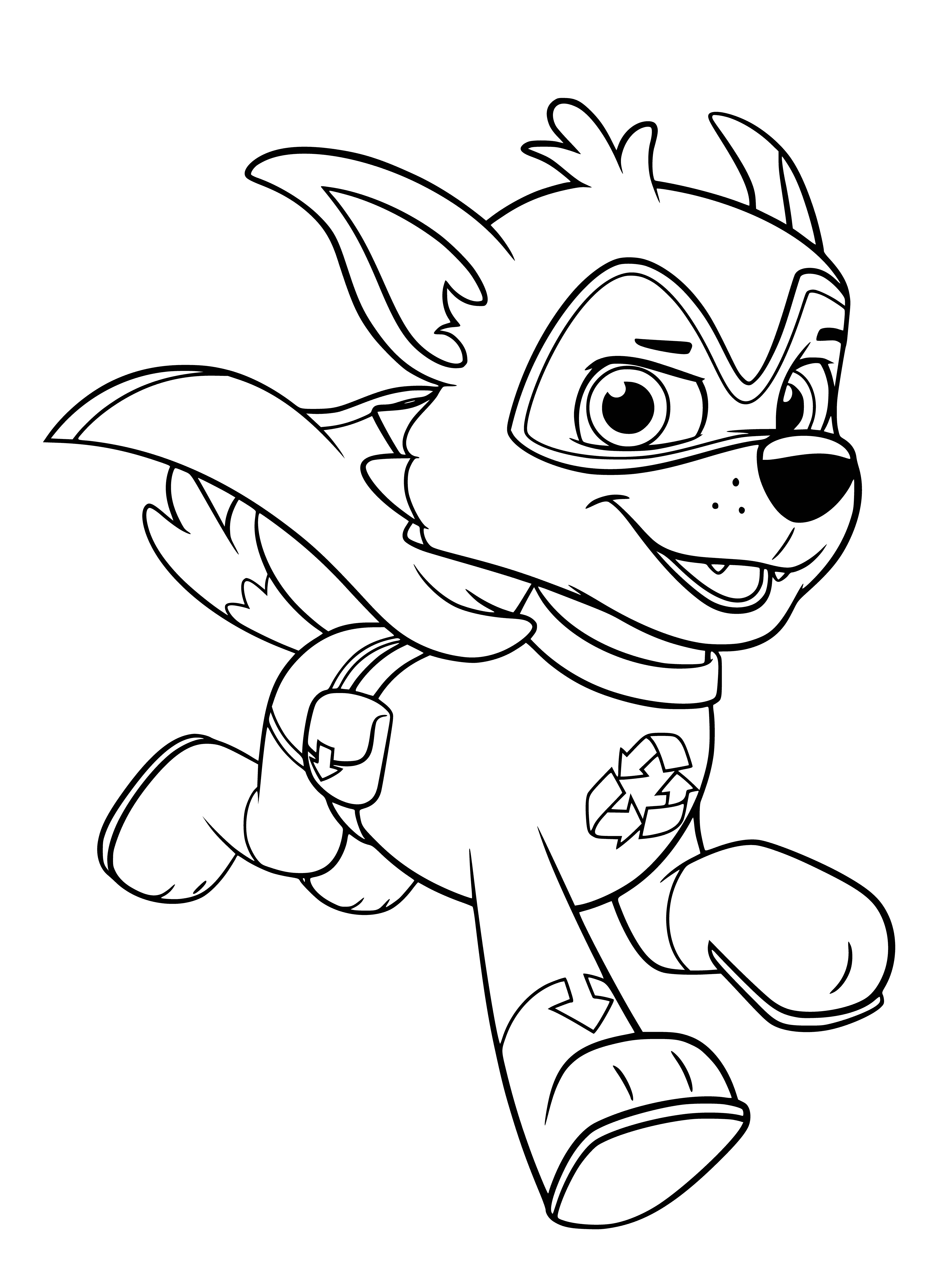 coloring page: Cartoon dog Rocky wears a dark blue uniform & tool belt in a mountainous setting. He holds a hammer in one hand & a Paw Patrol logo on a yellow badge. #pawpatrol