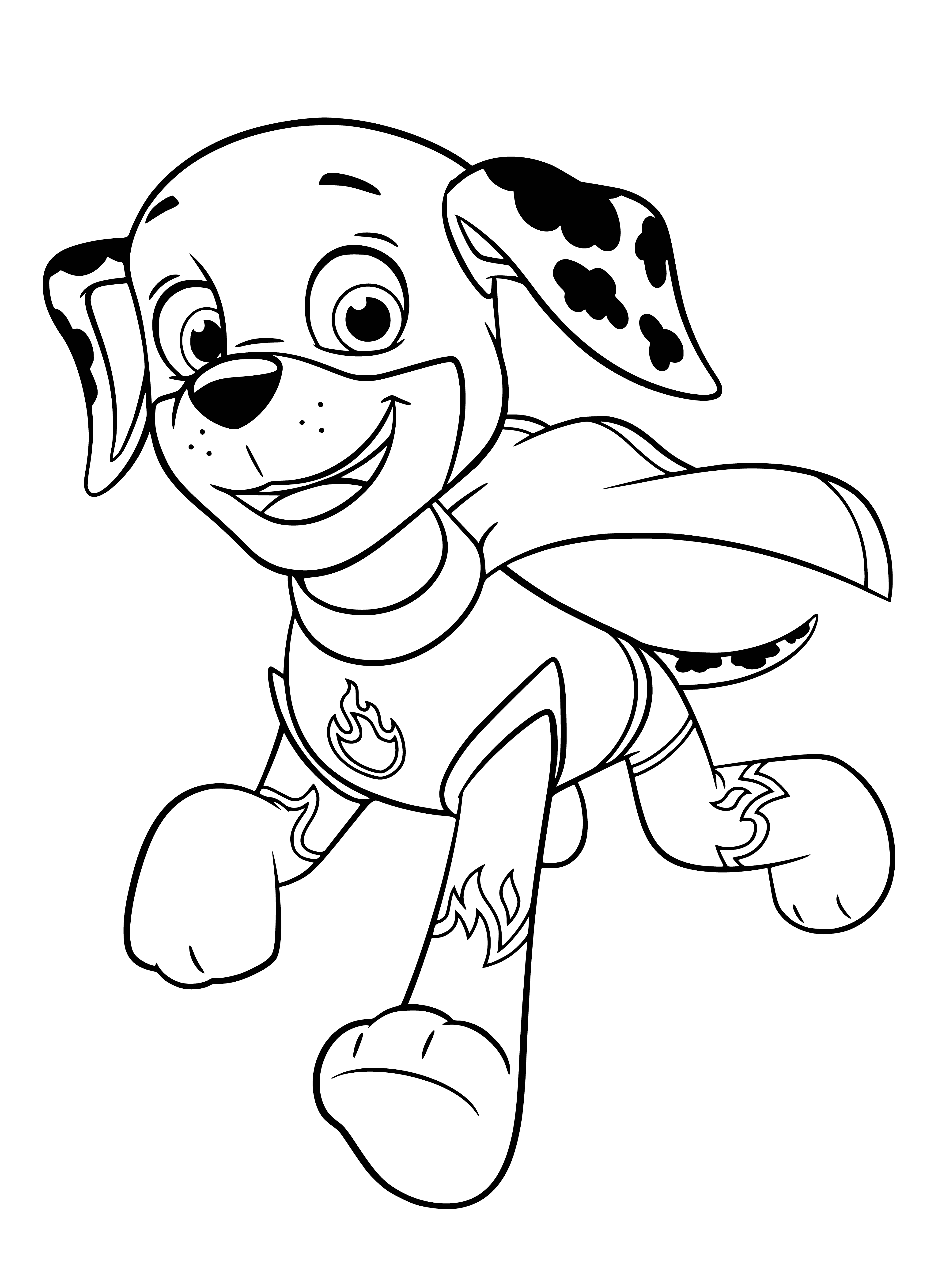 coloring page: A Dalmatian sporting a red cap and striped scarf stands next to a red fire truck. #DalmatianLove