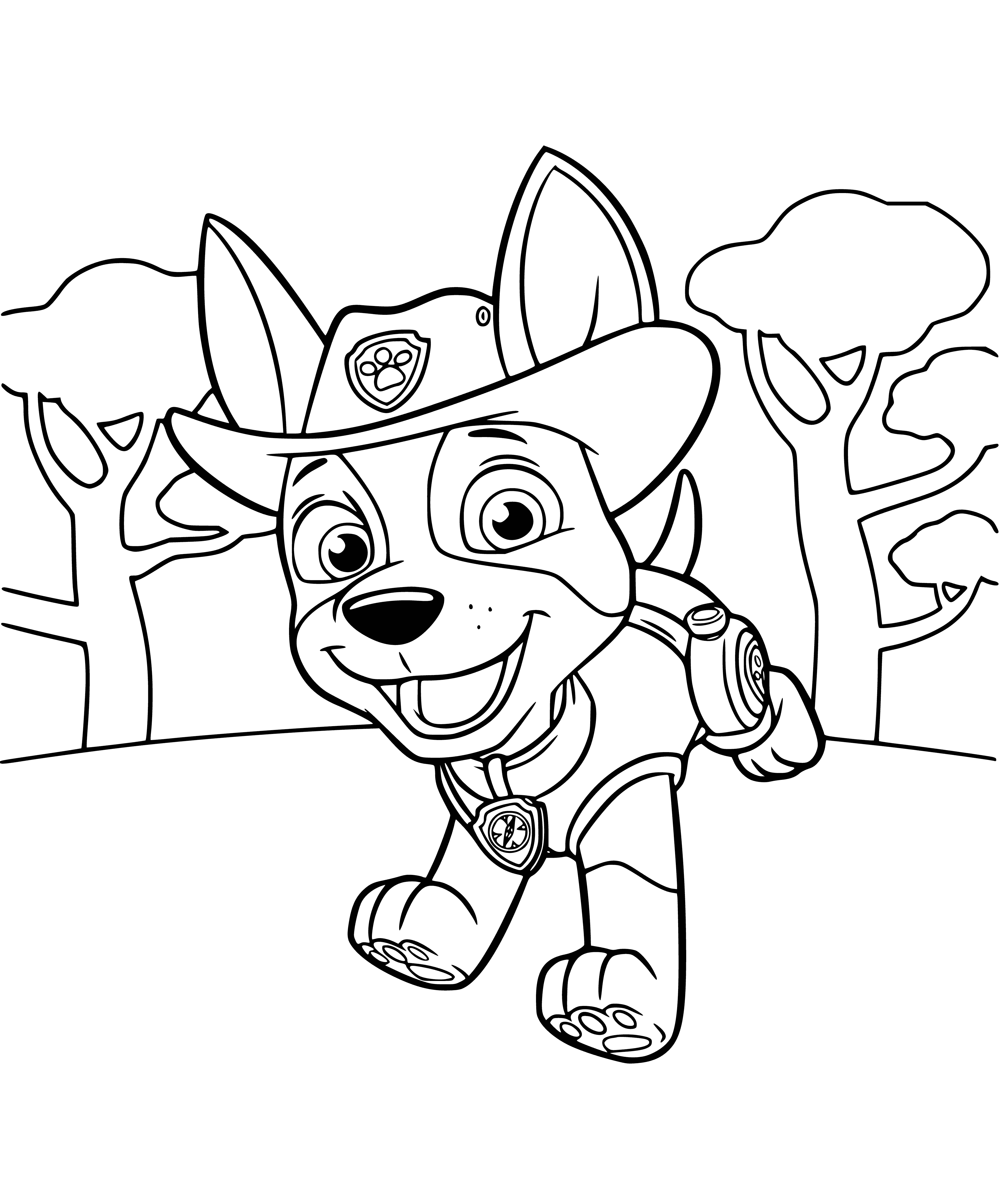 coloring page: Adorable pup playing with frisbee, tongue out, wearing a bandana, looks so happy!