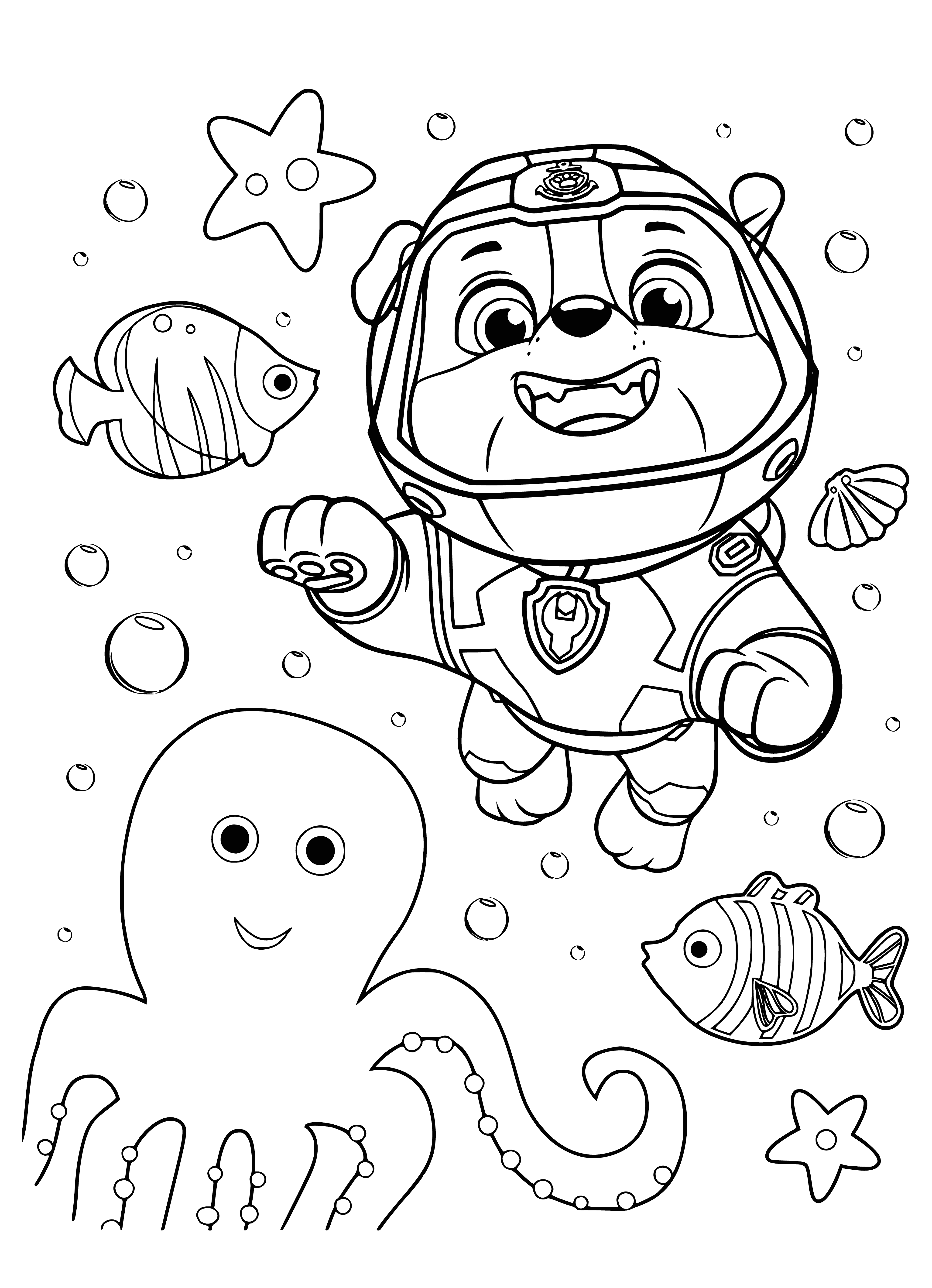 coloring page: Friends on the fire truck help put out fires. Three PAW Patrol pups wear red, yellow and blue uniforms. They're ready to save Adventure Bay!