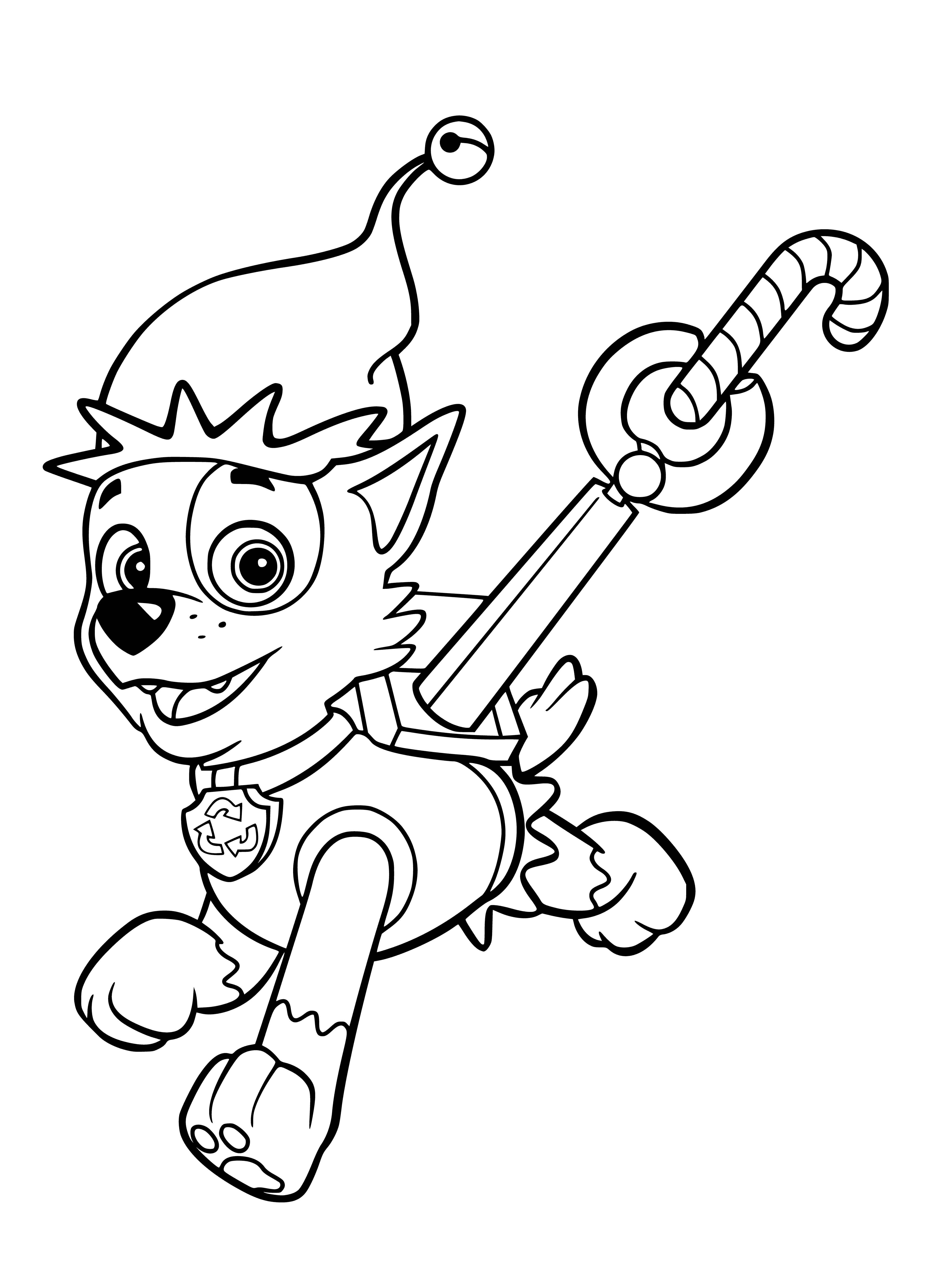 coloring page: Brown and white dog stands on gray/white rock wearing green/brown backpack and red scarf.