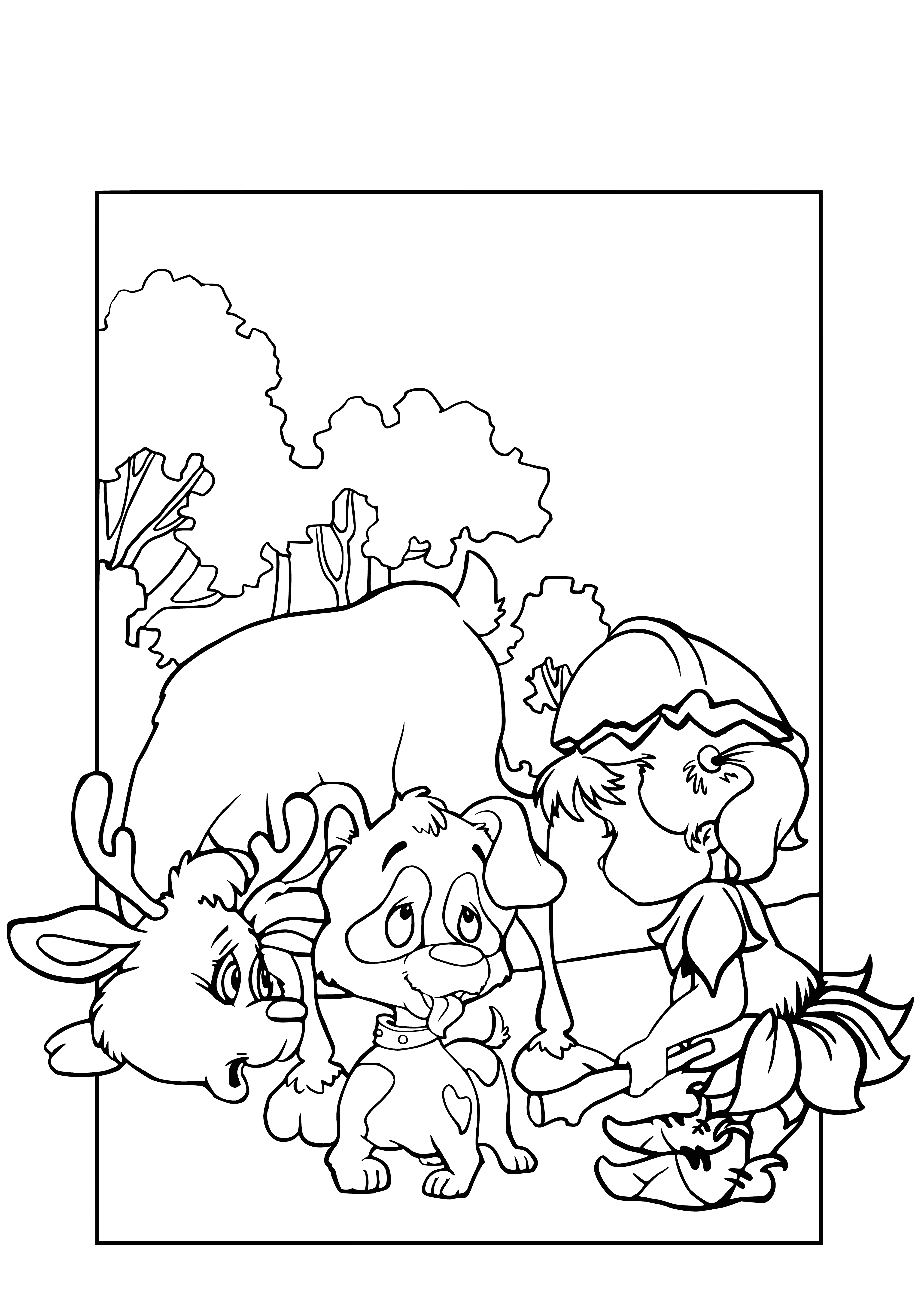 coloring page: Oreshenka and Puppy enjoy a sunny walk in a beautiful meadow of blooming flowers, both happy and content.