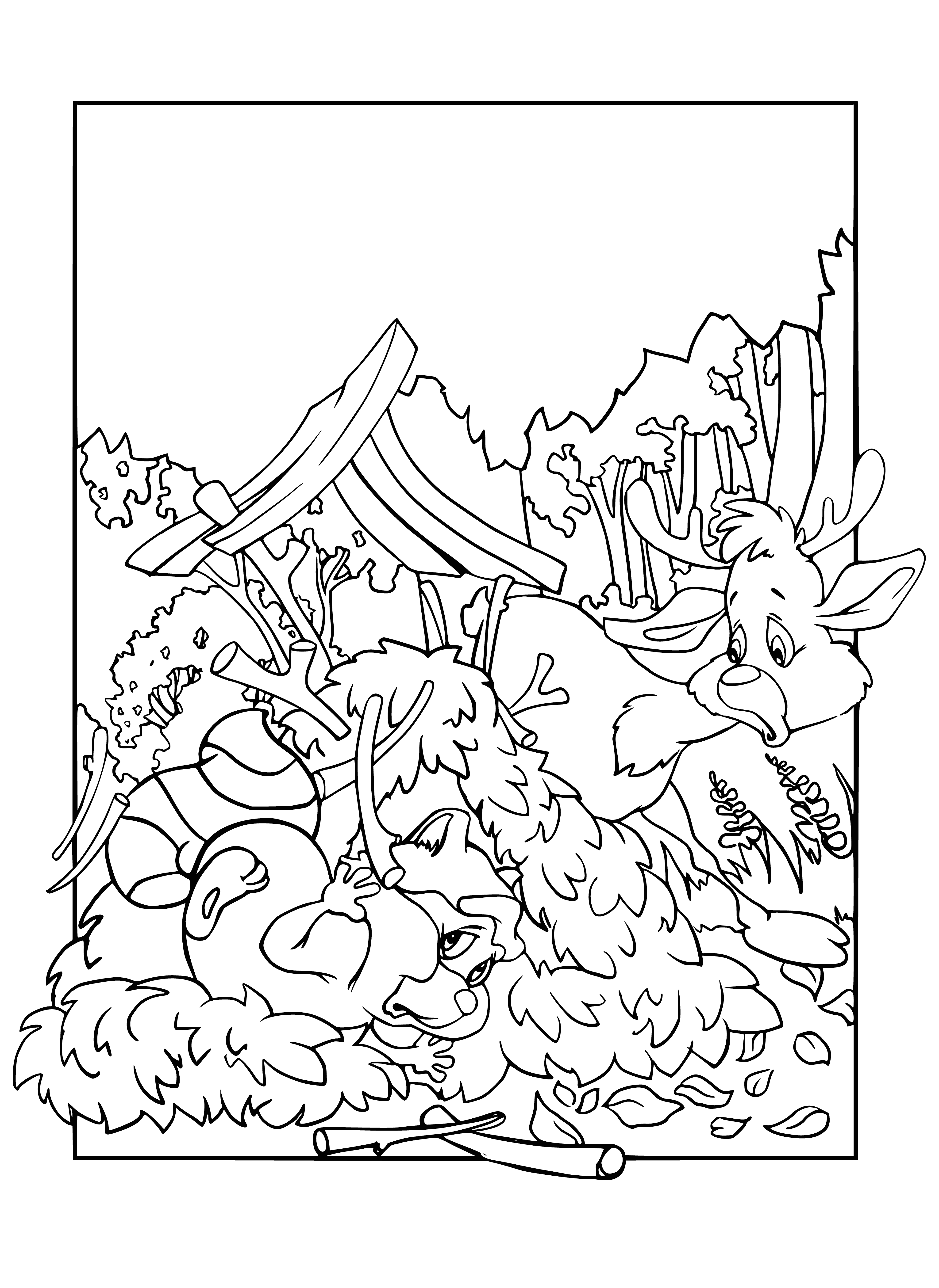 coloring page: Three kids smile happily: blonde Oreshenka, dark-haired boy and red-haired girl.