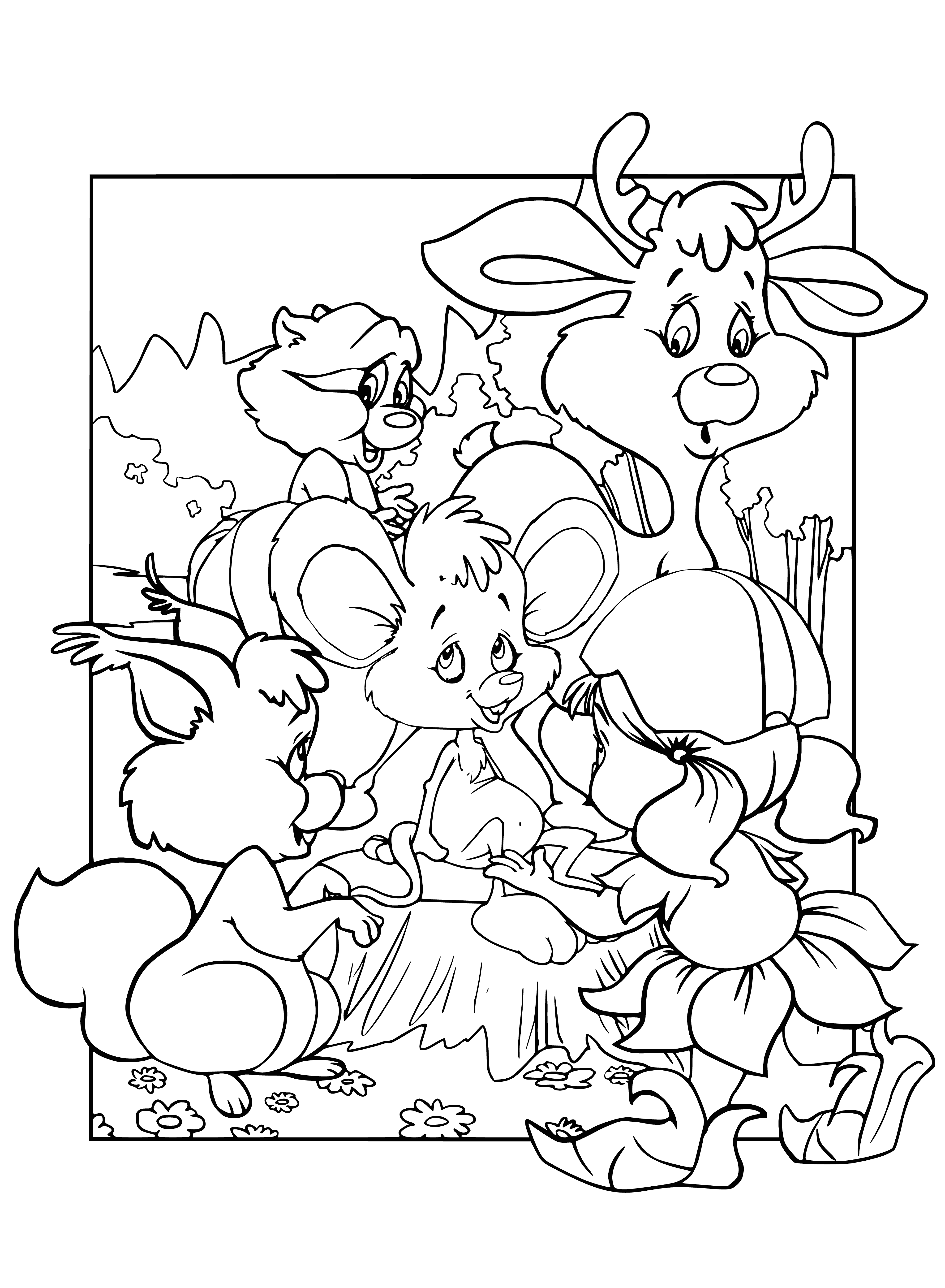 coloring page: 3 animals in friendship: mouse, rabbit, squirrel. The mouse wears a blue dress and yellow scarf, rabbit a red sweater and blue scarf, and squirrel holds an acorn.