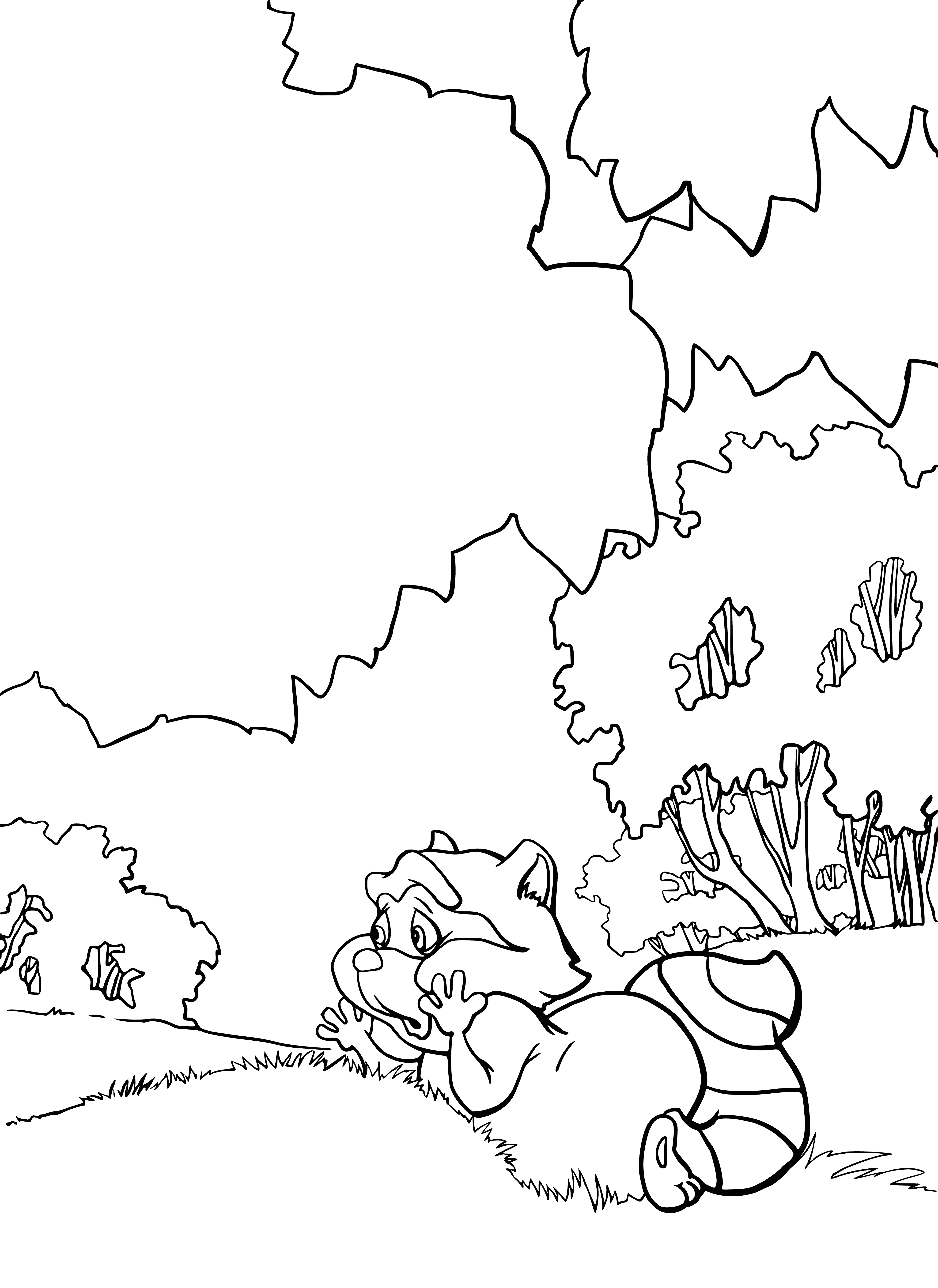 coloring page: Oreshenka laughs as the bunny, Buttercup, hops around her wearing a blue bowtie. She has long, dark hair, a light blue dress and a white scarf.