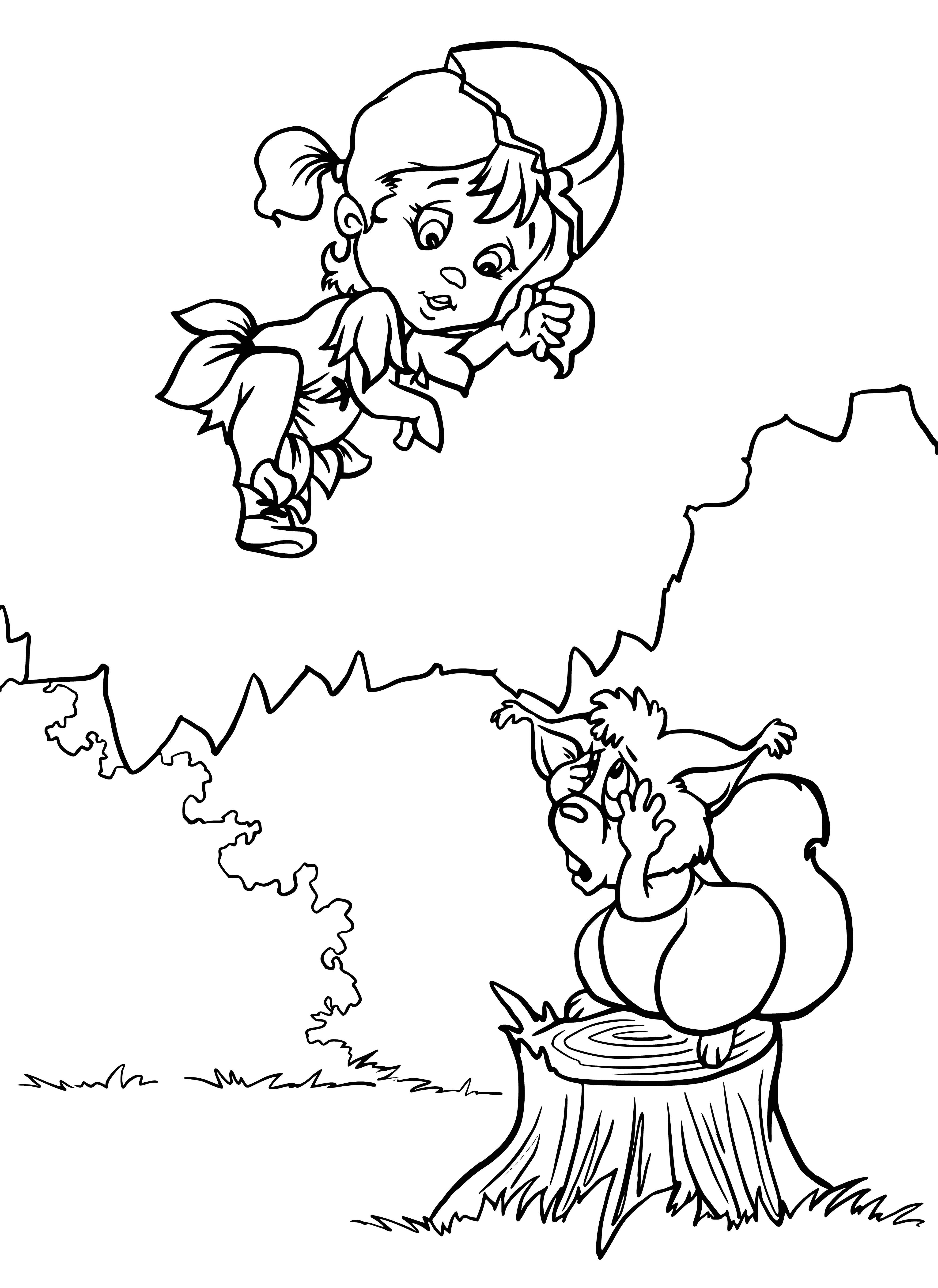 coloring page: Oreshenka & Lily sit on a rock & admire the river below, wearing patterned dresses of light blue & yellow with bare feet.