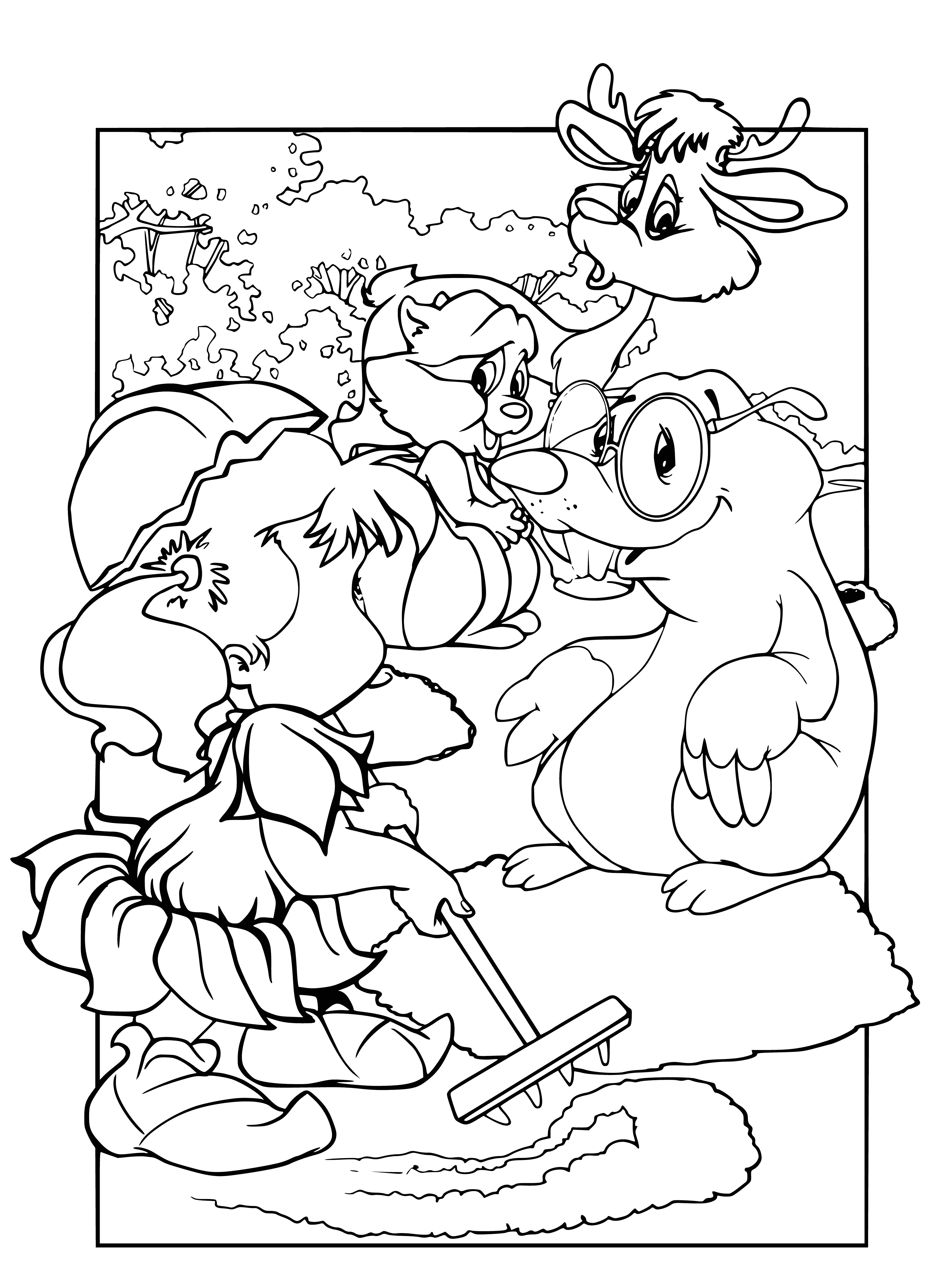 coloring page: Little Oreshenka with a red flower in her hand & blue-clad mole stand together - they both have red scarves & hold red flowers.