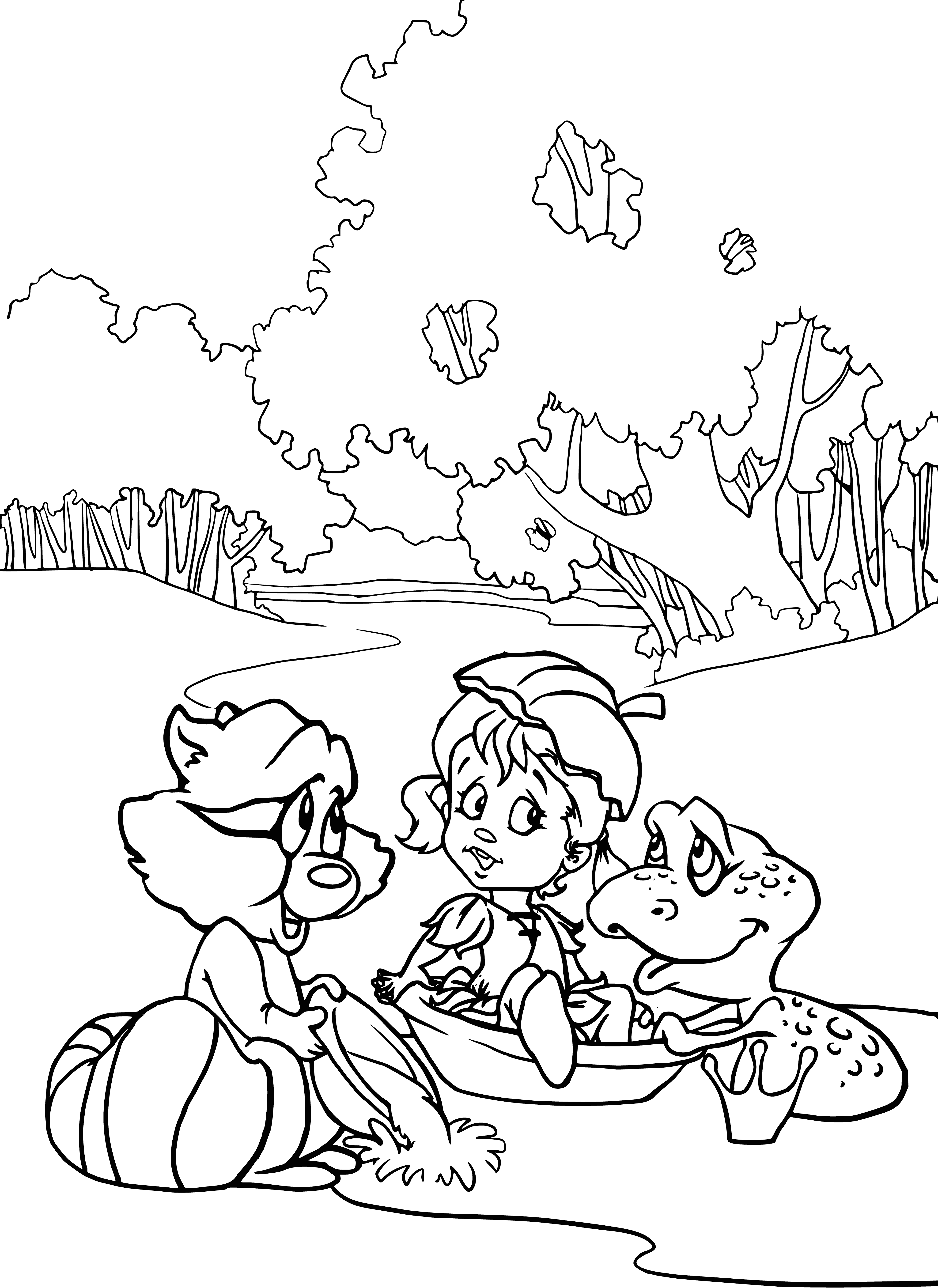 coloring page: 3 friends are happy & waving: Oreshenka w/teddy, Kvaki left, & 1 to the right. #madeformakebelieve