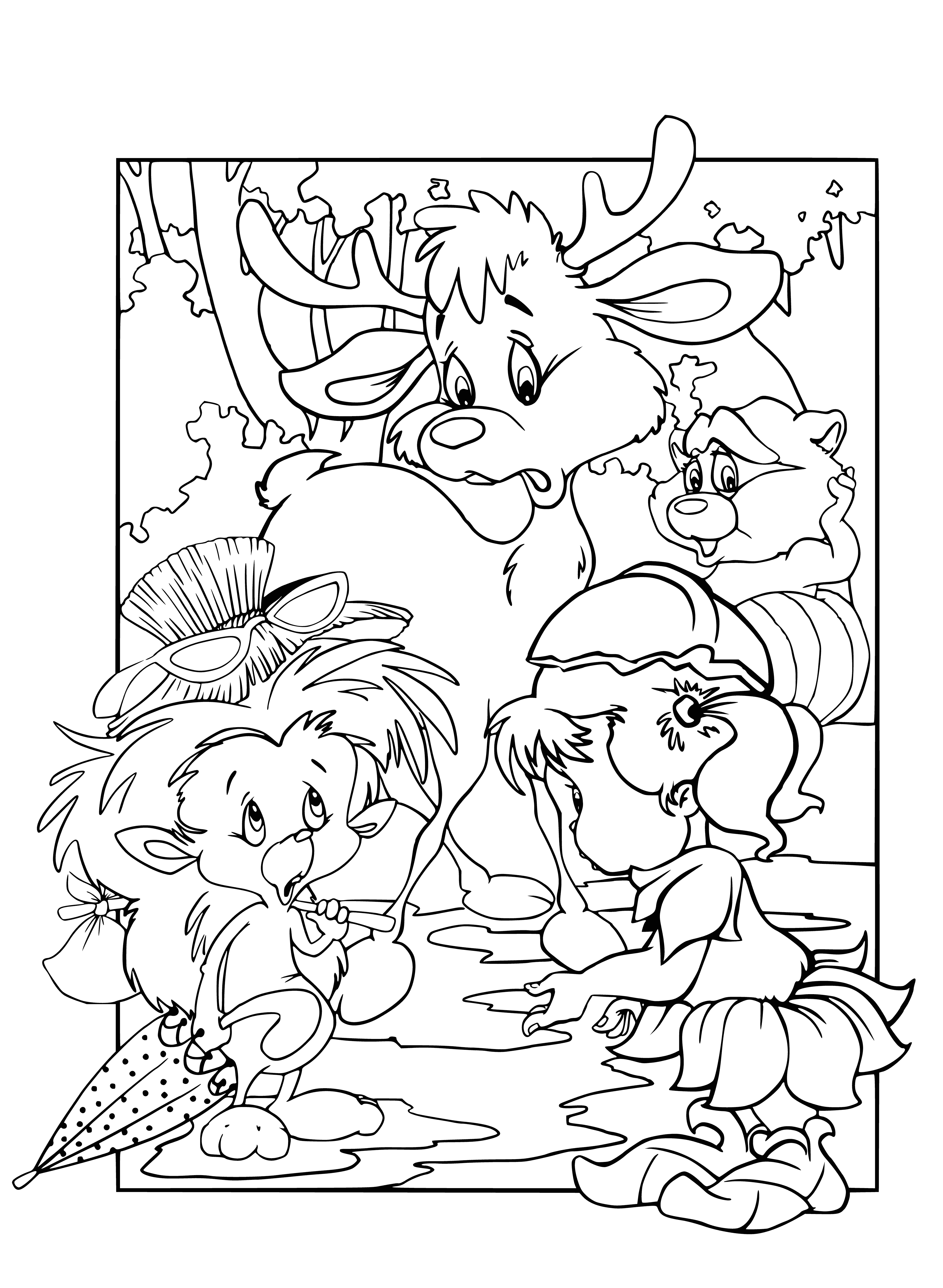 coloring page: Girl and pet hedgehog standing in the rain, happy despite the wet weather. #rainyDay #happyThoughts