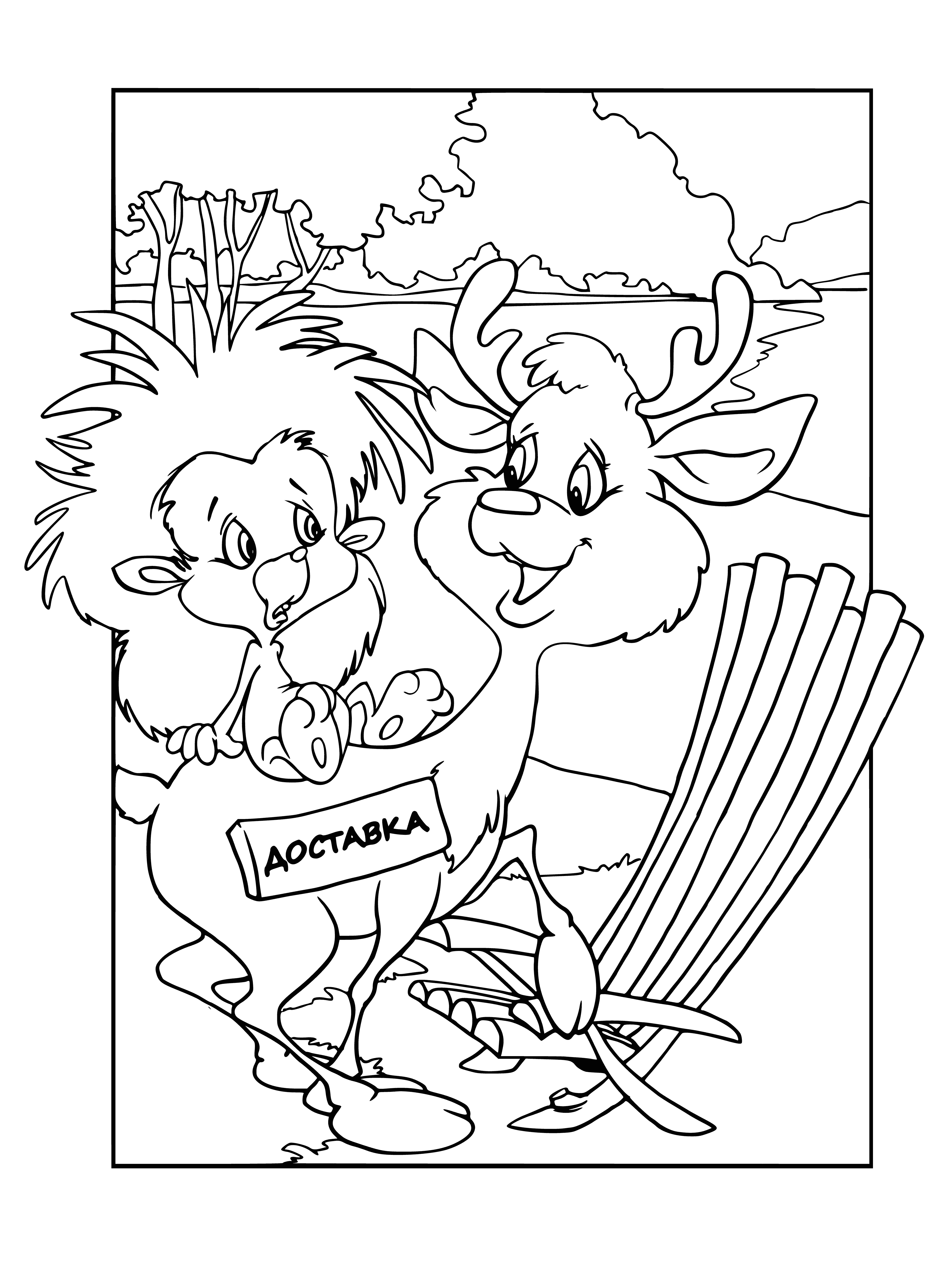coloring page: Friends playing with ball, one holds it and one runs to catch it. Oreshenka watches from behind.