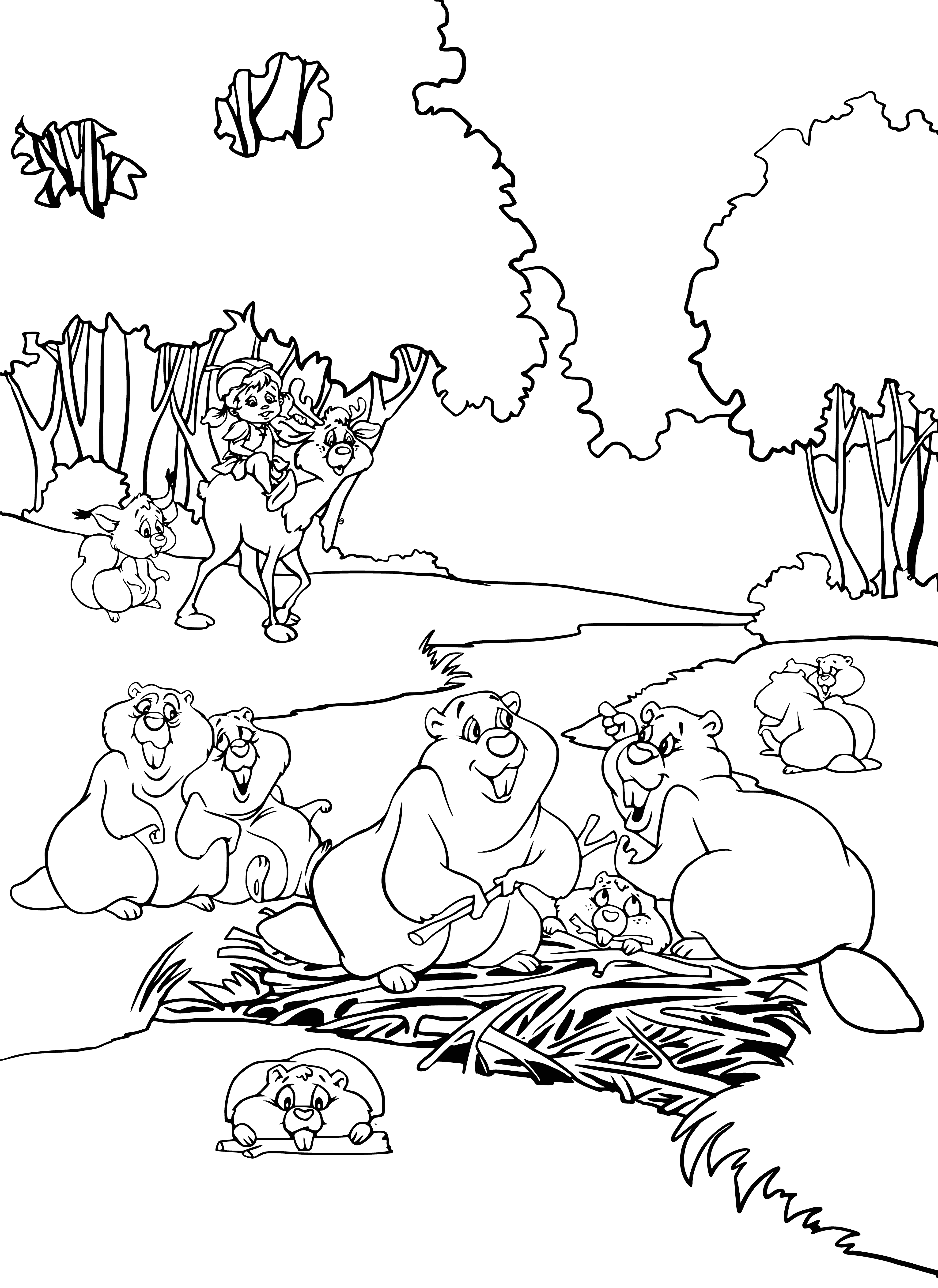 coloring page: Beavers building dam, tails swatting at water, Otter swimming around. Beavers using teeth to chew wood.