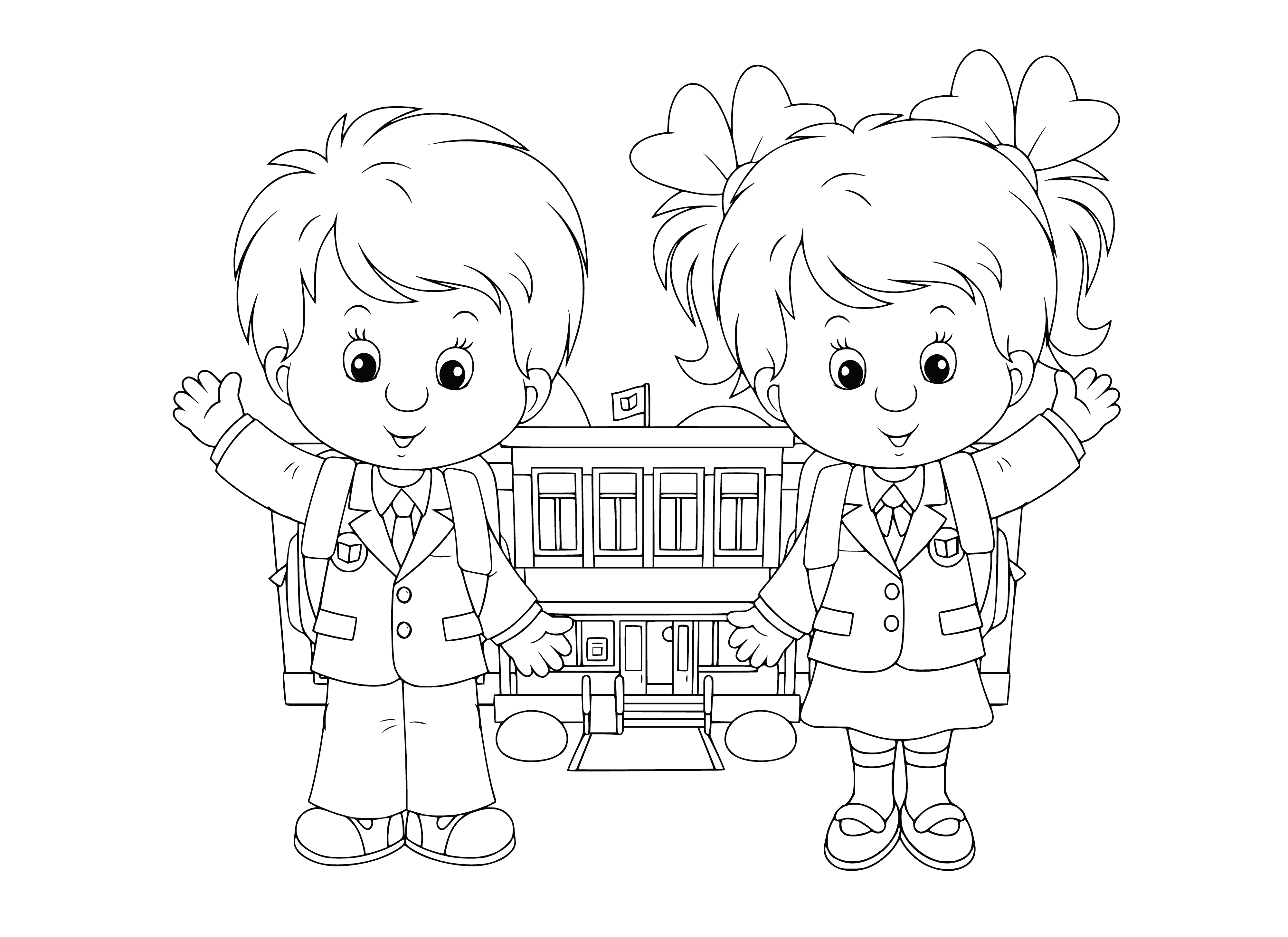coloring page: Kids with books ready for the first day of school, celebrating knowledge and the start of a new school year. #backtoschool