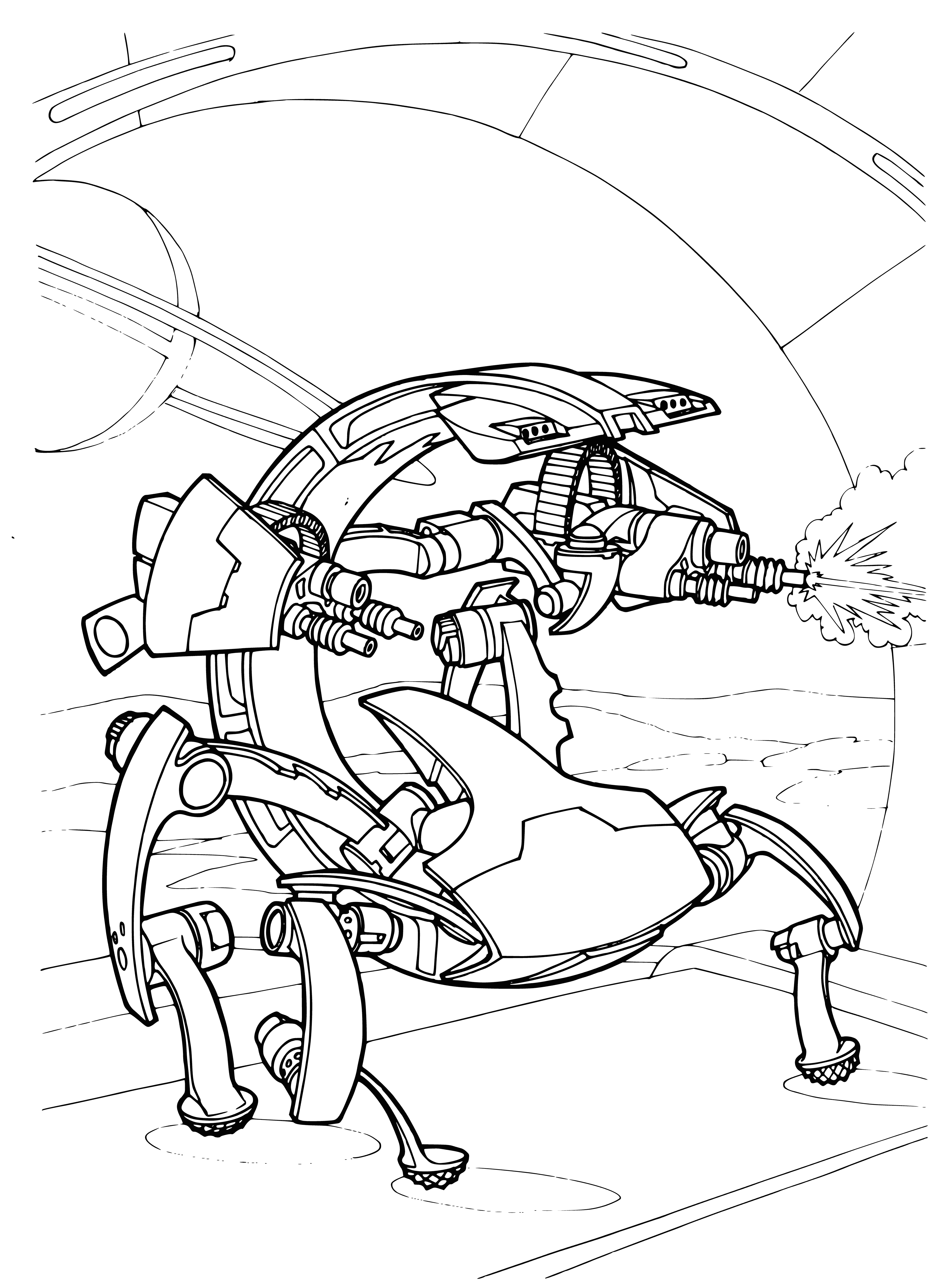 coloring page: Giant robot crushes smaller mechs and humans on a battlefield in epic battle of laser beams & explosions.