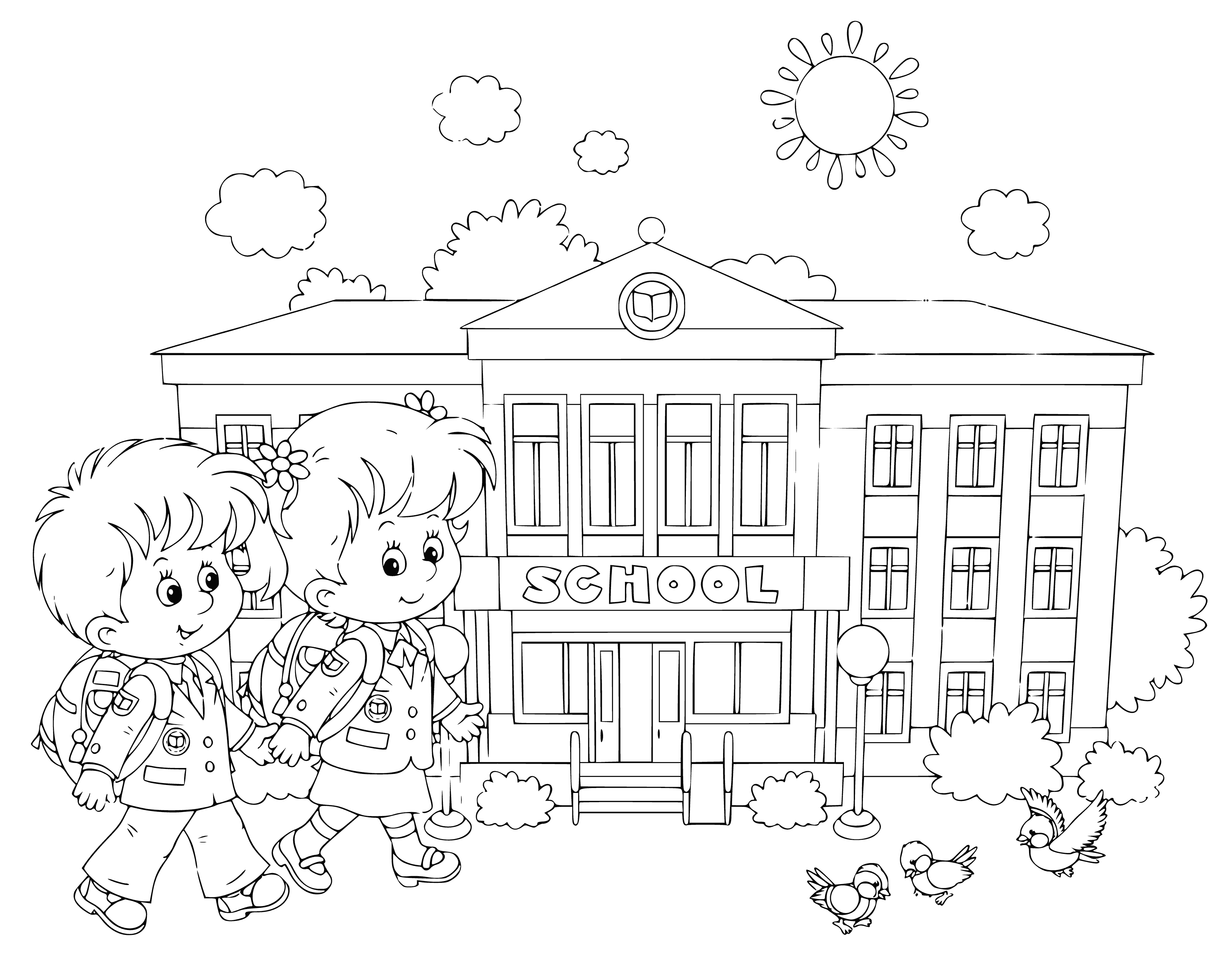 coloring page: Boy & girl walking to school together carrying backpacks & book, looking happy & excited. #school