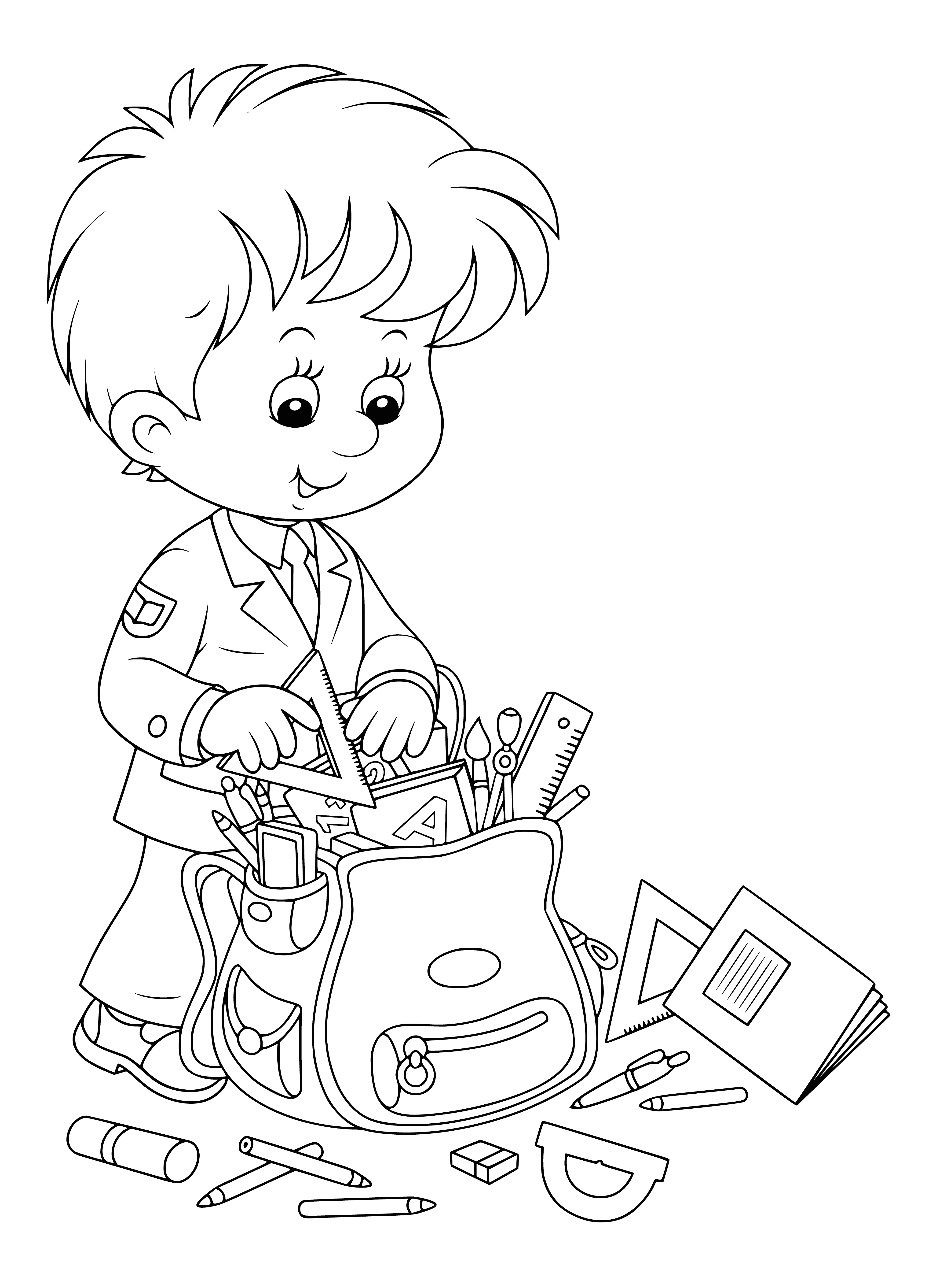 Çocuk bir evrak çantası toplar boyama sayfası