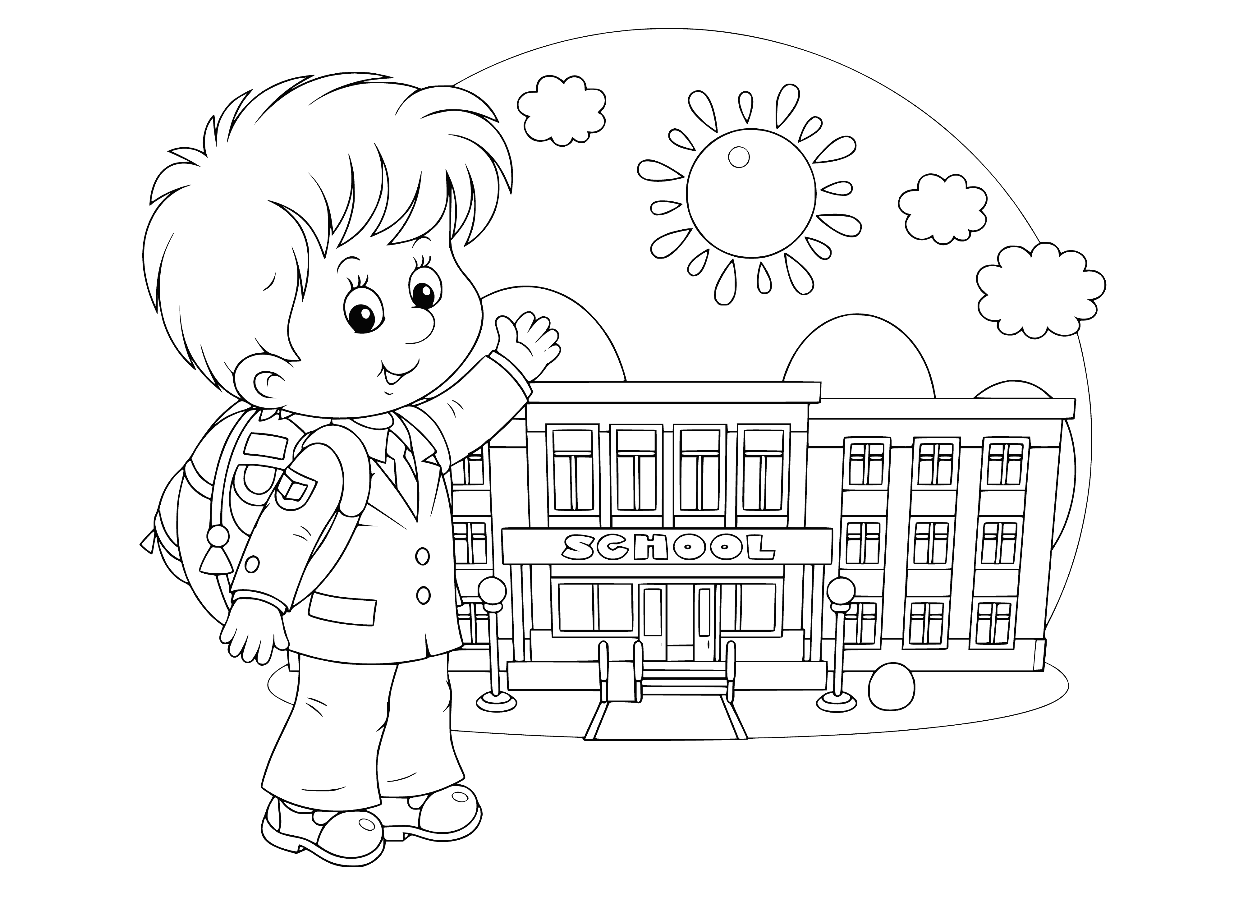 coloring page: Girl starts 1st grade on 1st Sept, excitedly holding a pencil with "1 September is the day of knowledge" written on the chalkboard behind her.