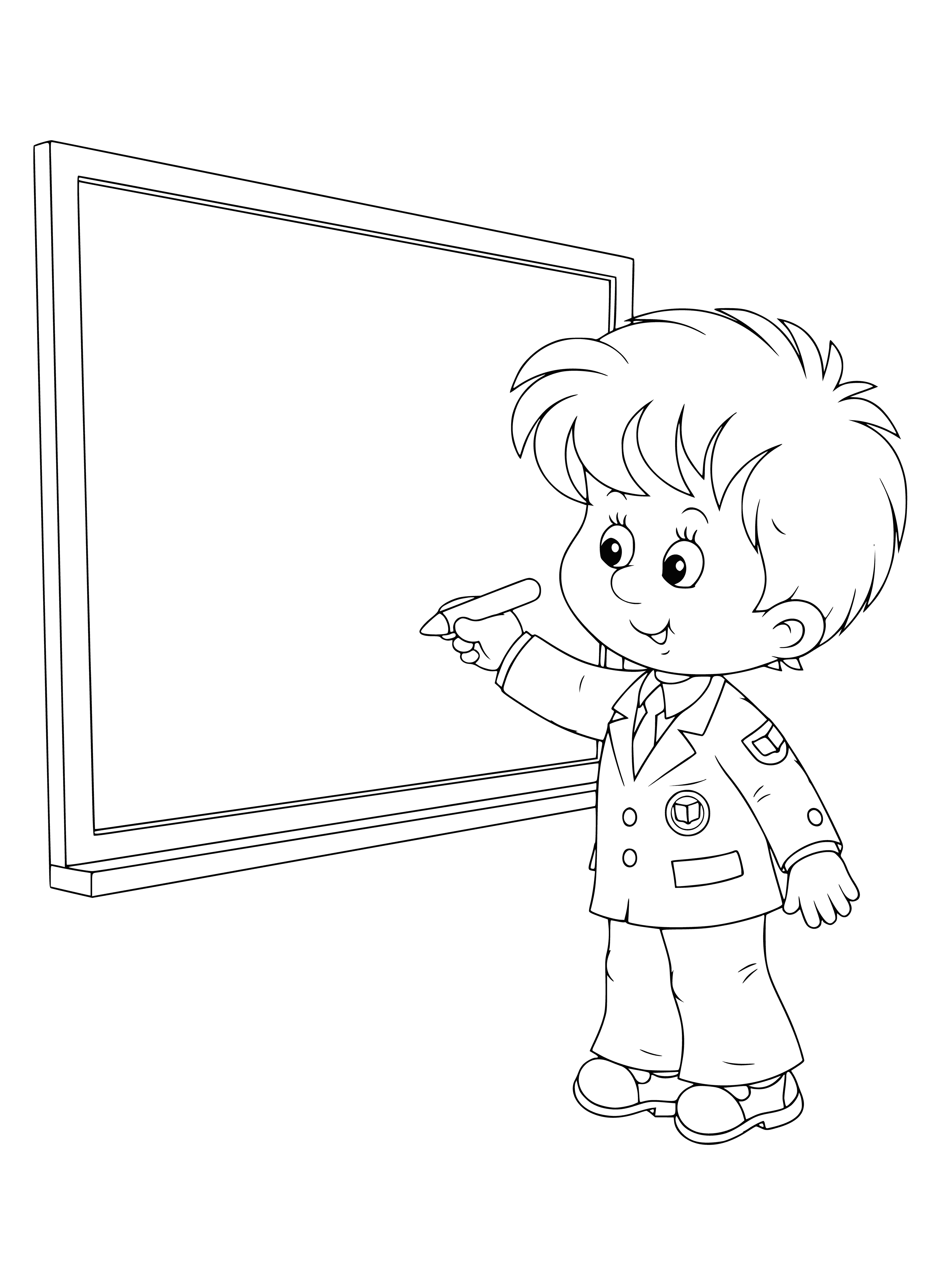 coloring page: Boy in school uniform w/ backpack & chalk in hand at blackboard, ready to answer a question.
