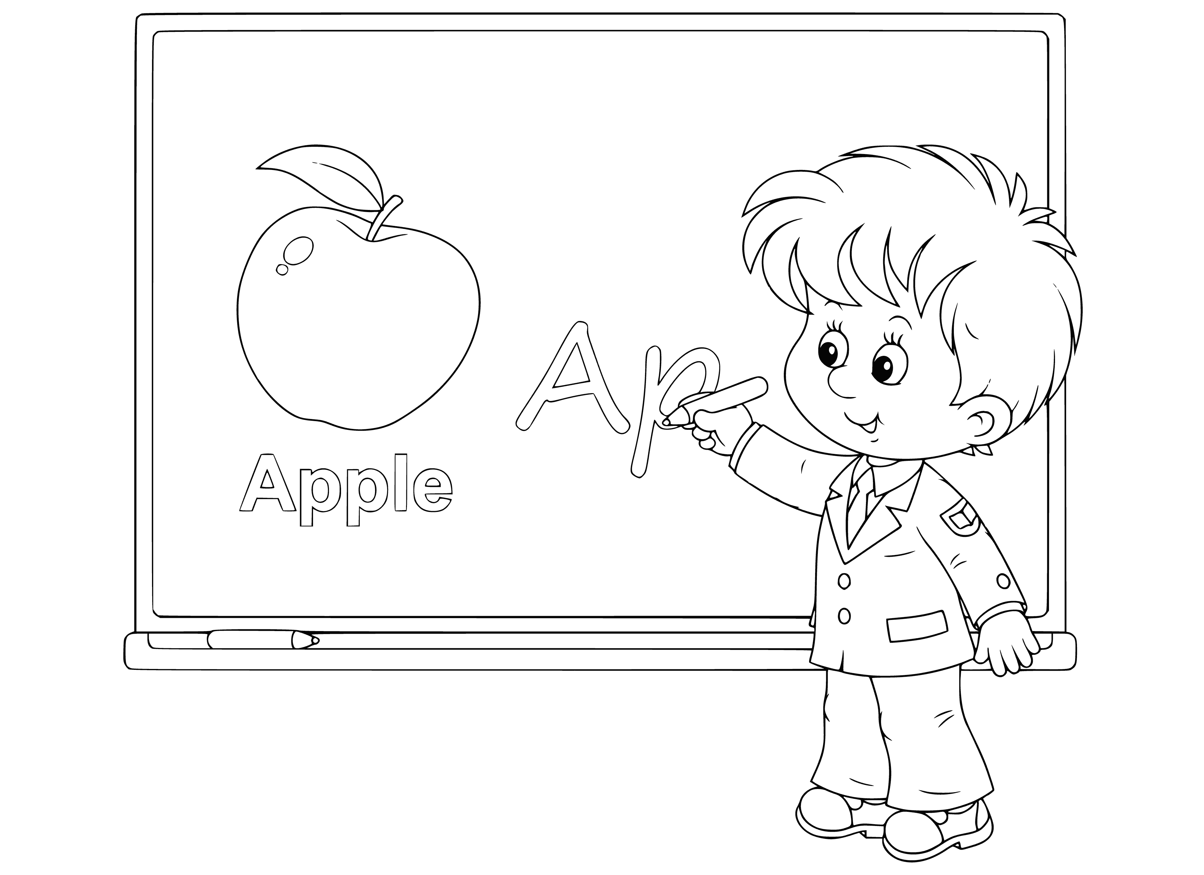 coloring page: Boy writing on blackboard: date "1 September" and "The day of knowledge." #education