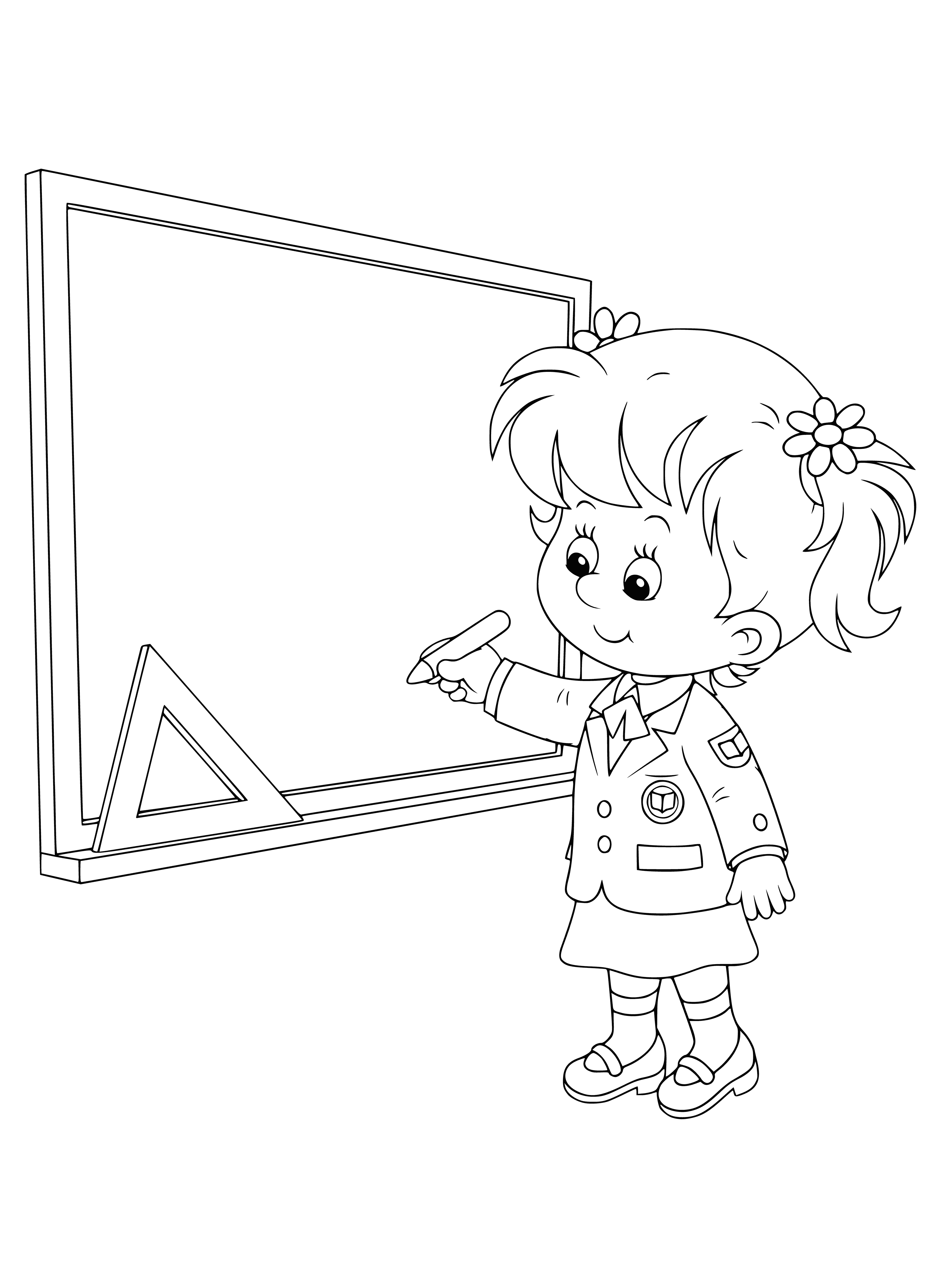 coloring page: Girl stands at blackboard, writes something with chalk in hand. #Education