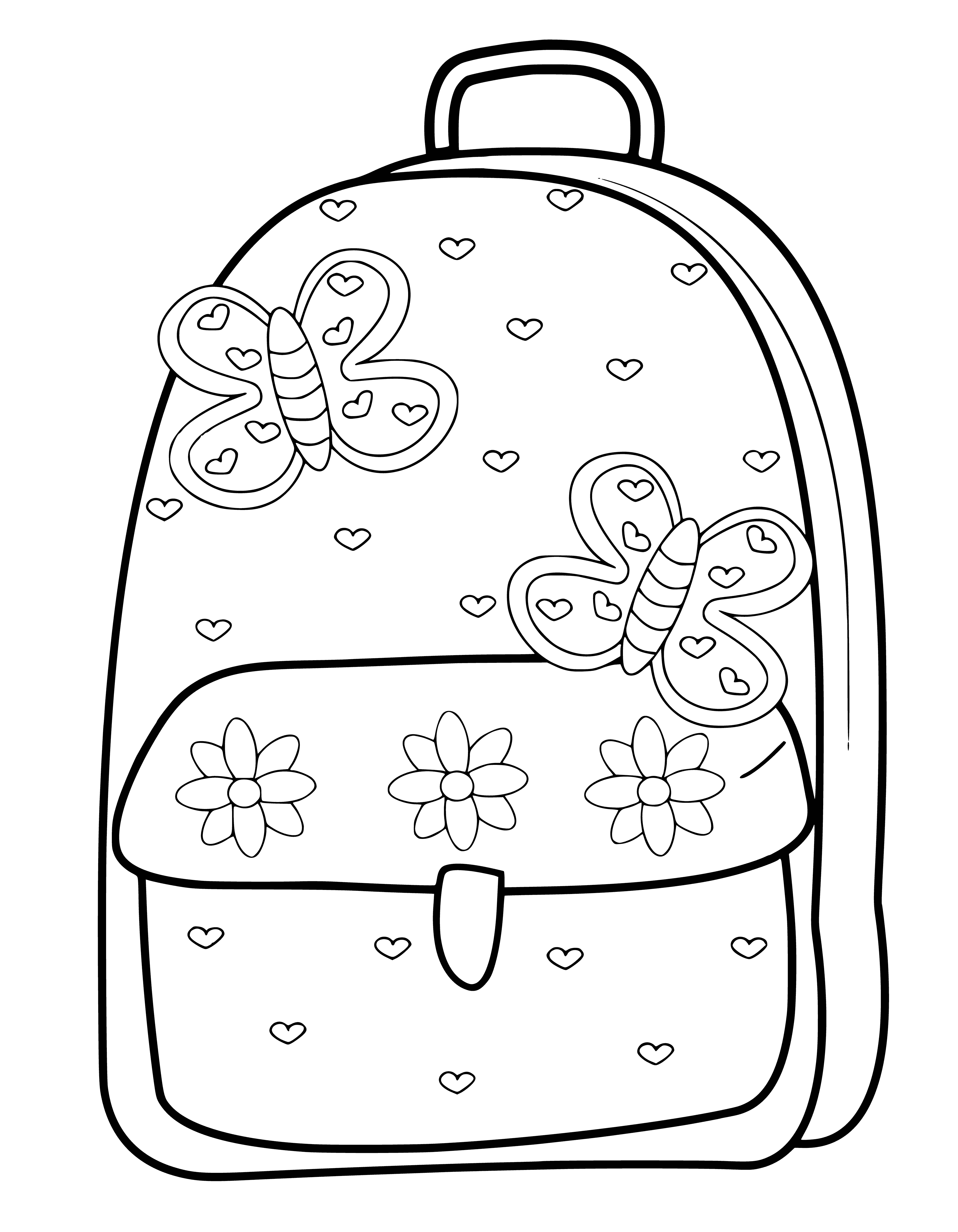 coloring page: Girl in school backpack looking happy and excited on way to school. Backpack full of books, pencil case, and other items. #backtoschool