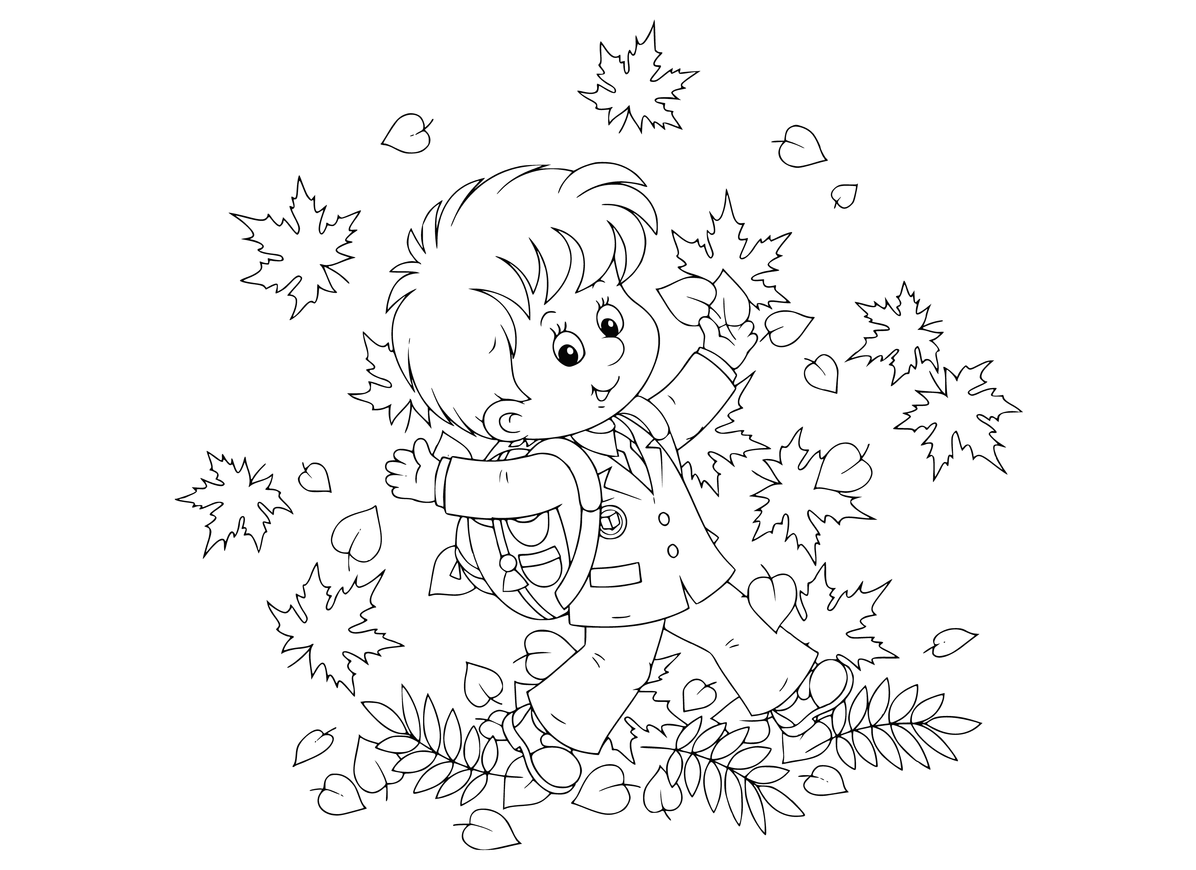 coloring page: Girl at a desk writing in book, wearing backpack and surrounded by school supplies.