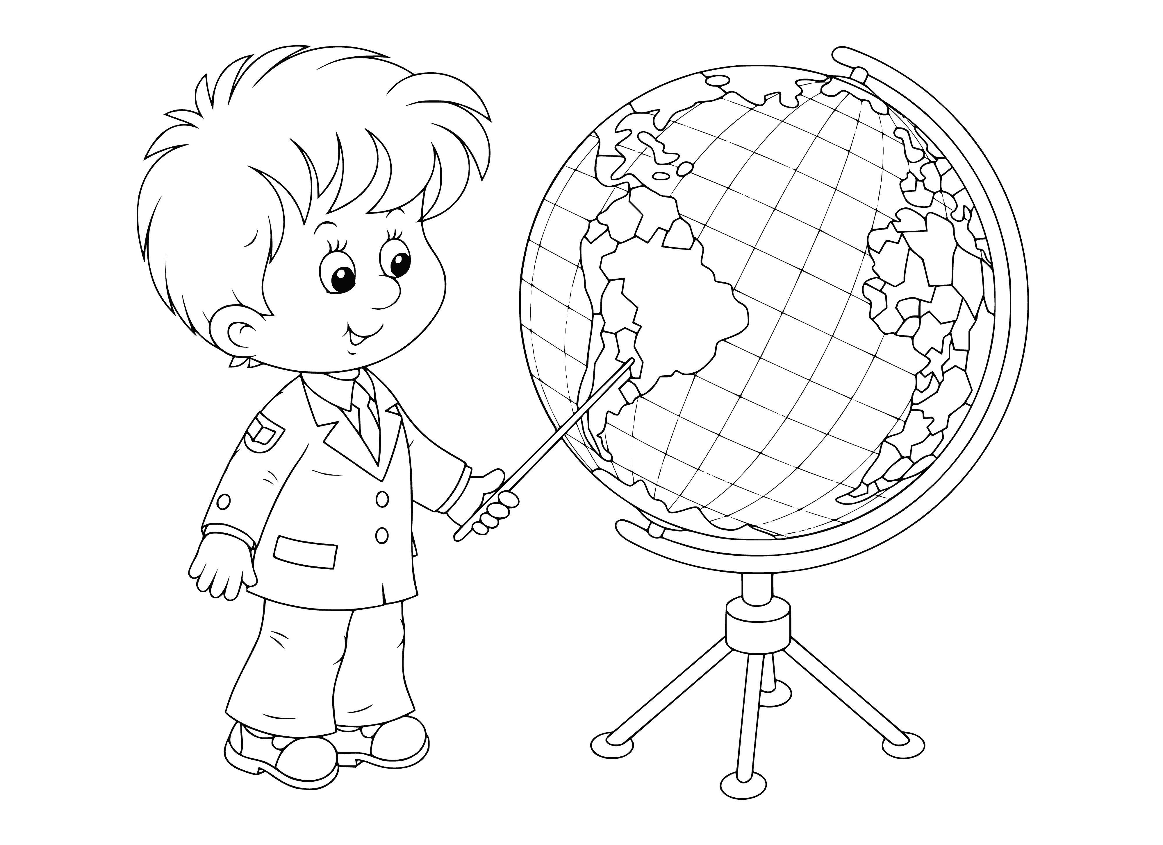 coloring page: Teacher teaches geography to attentive students, writing different places on the board.