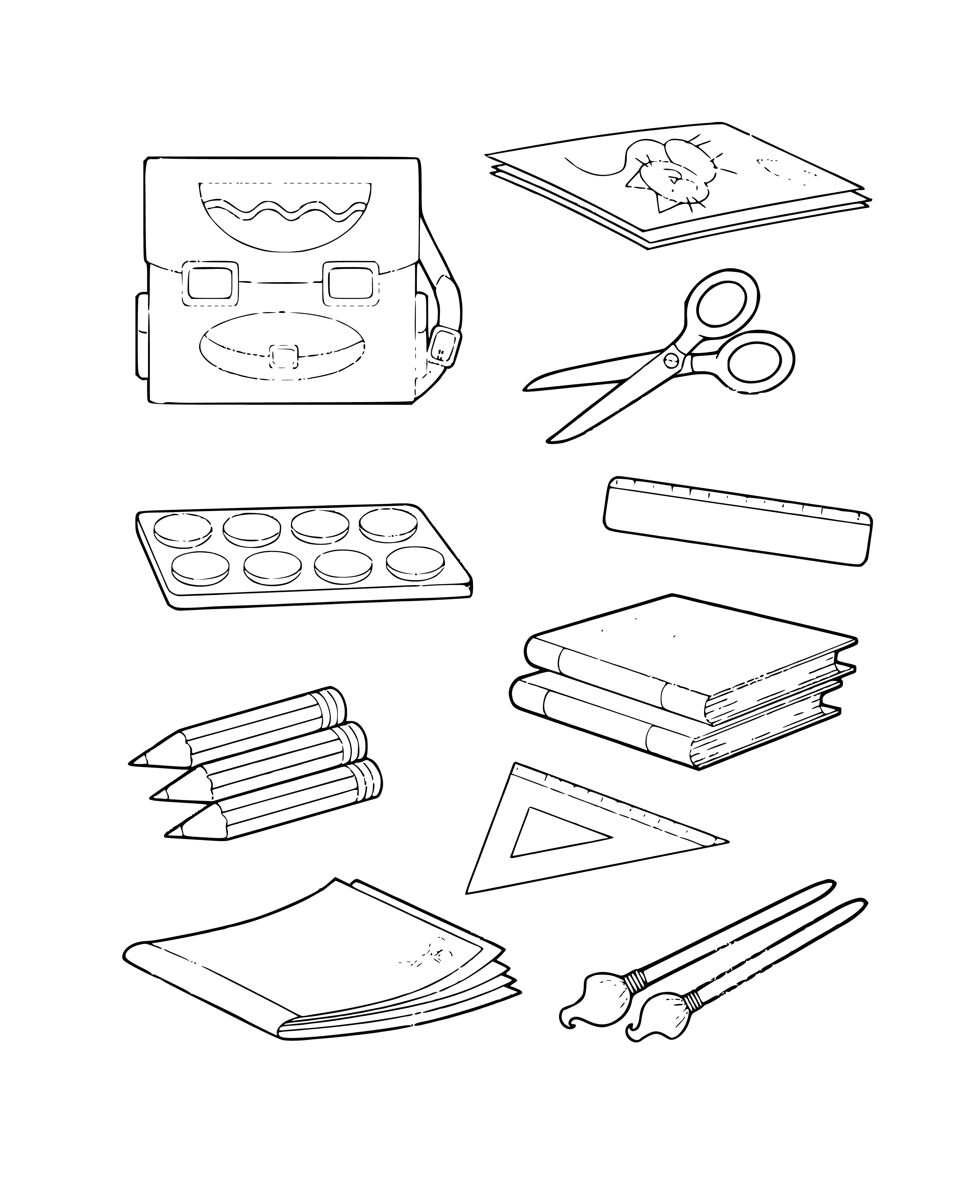coloring page: September 1st is the day of knowledge! Color school supplies scattered around a page to show it. Pencil, pen, notebook, rulers, and more given different colors. #backtoschool