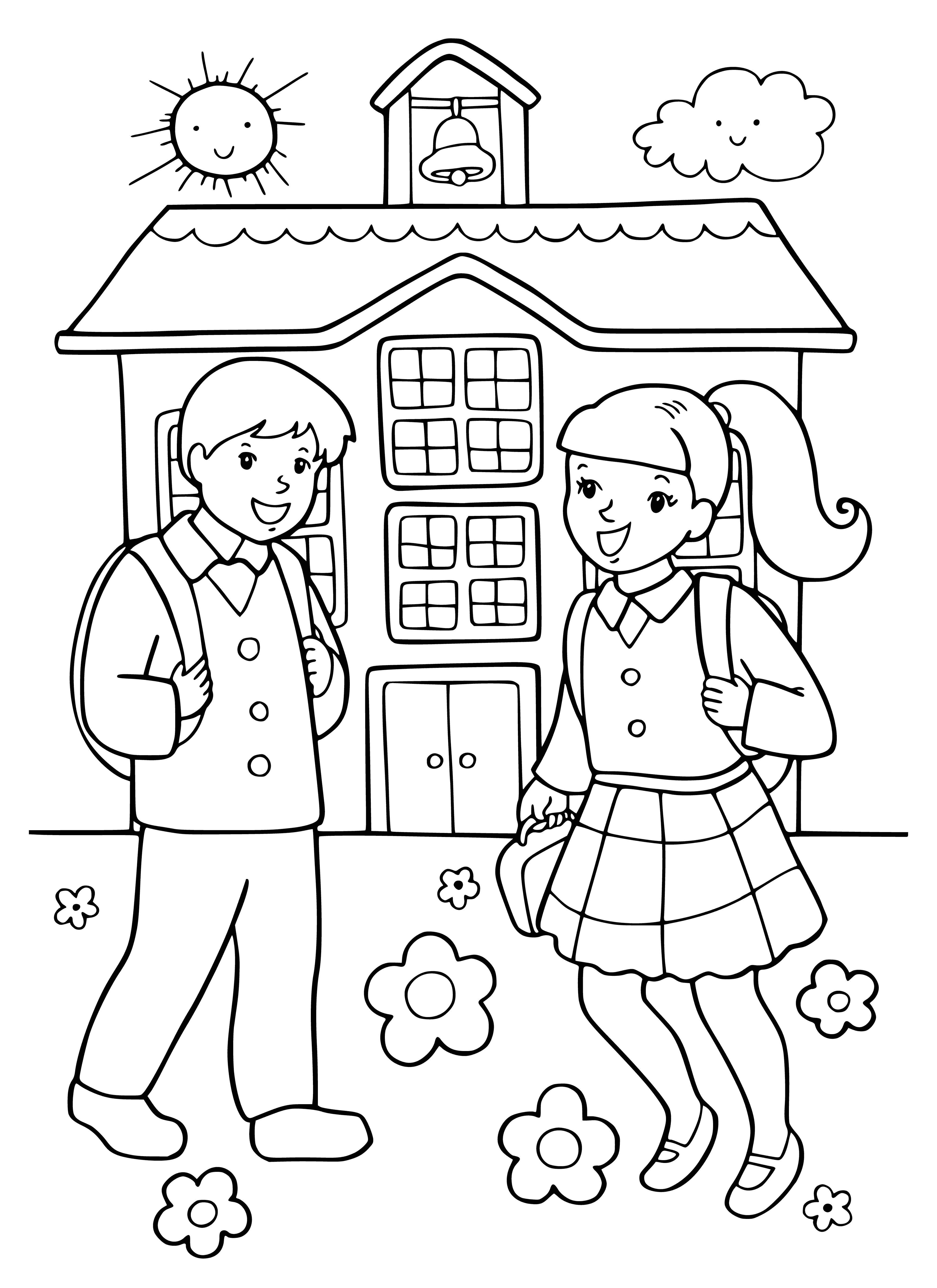 coloring page: The coloring page portrays children of various ages starting an exciting school day, with various reactions to the anticipation.