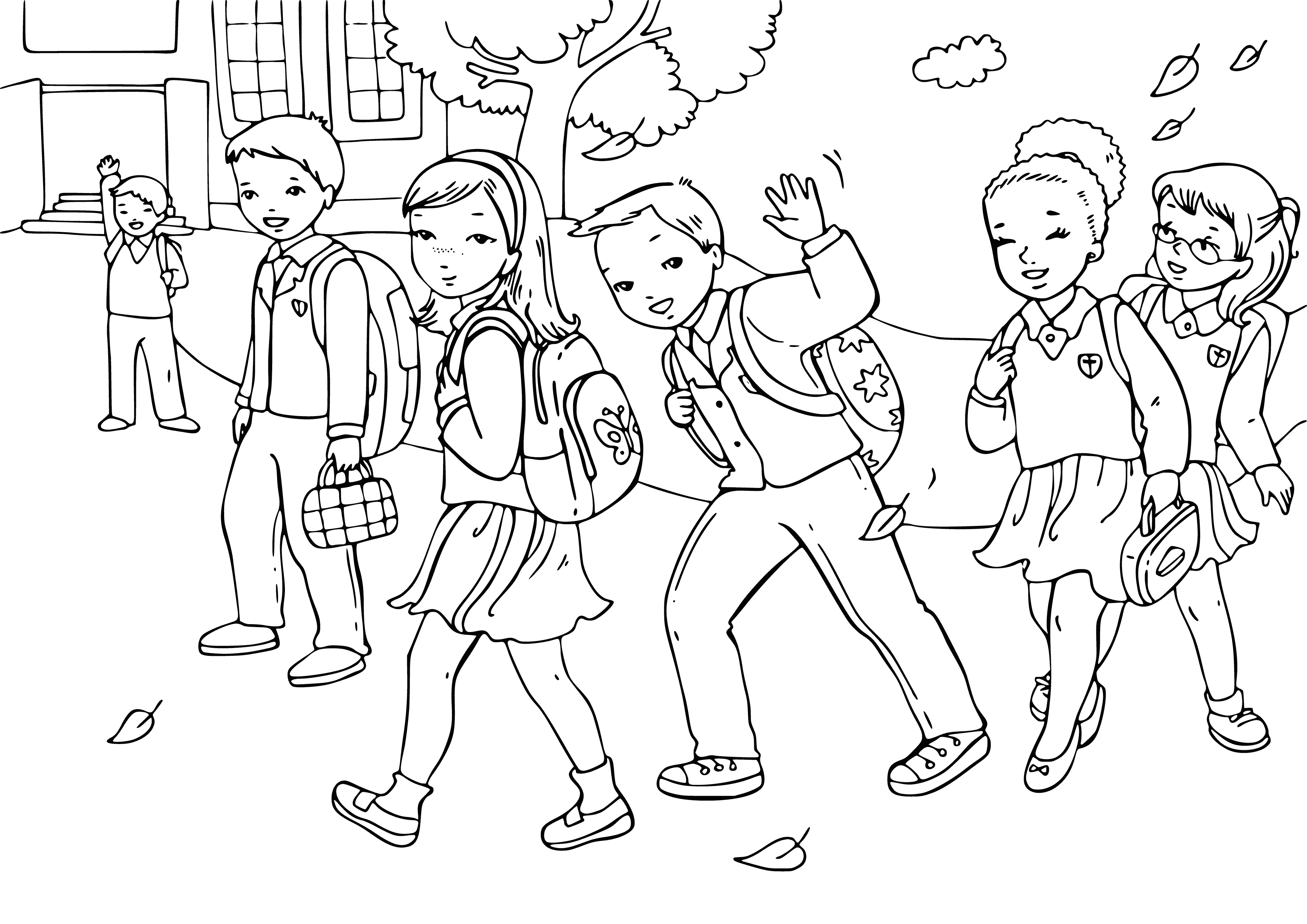 coloring page: Students walking to school on 1st day wearing uniforms, carrying backpacks in clean, safe environment. #firstdayofschool