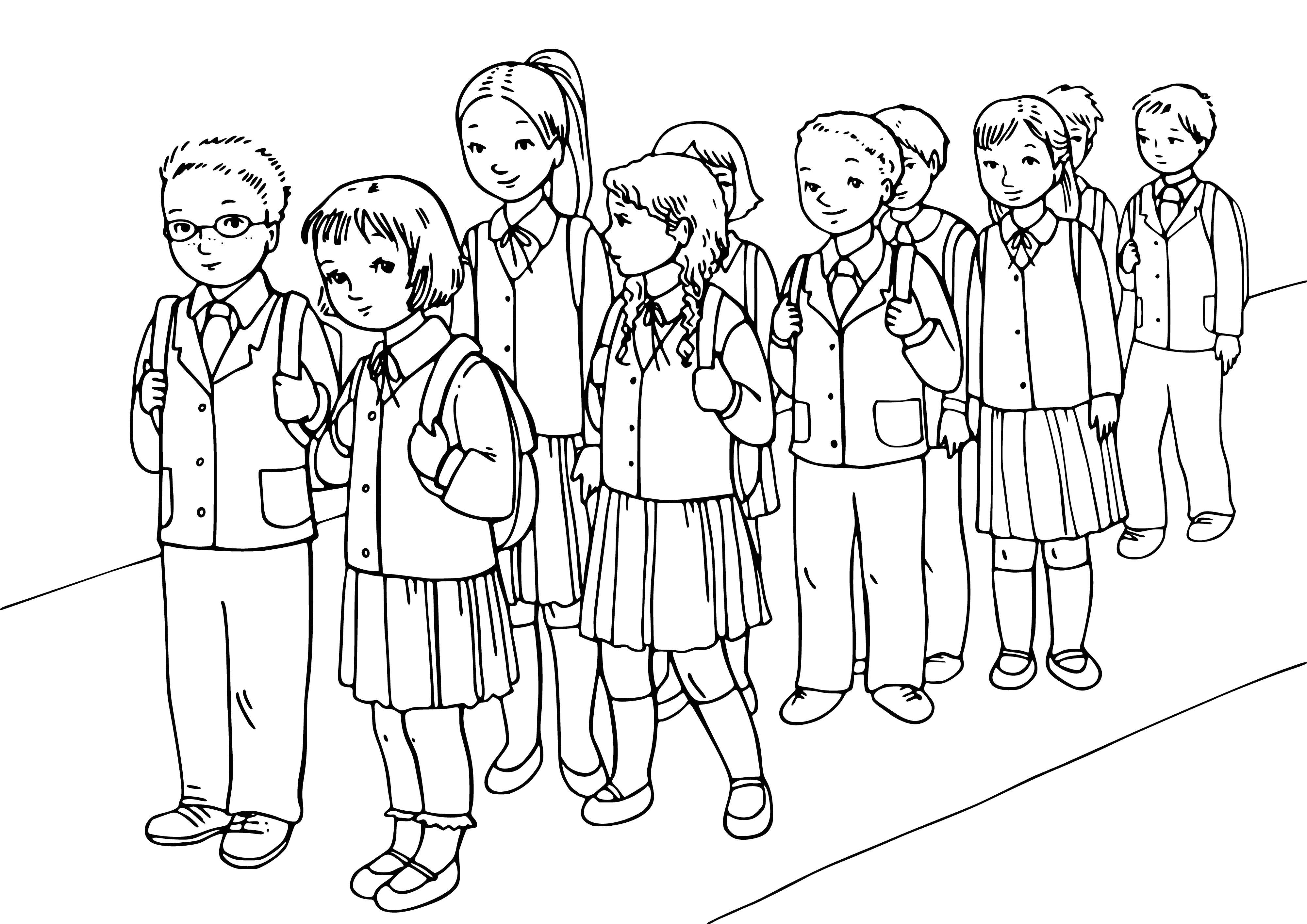coloring page: Two kids, holding books, surrounded by classmates in uniforms, look up in awe. #coloringpage