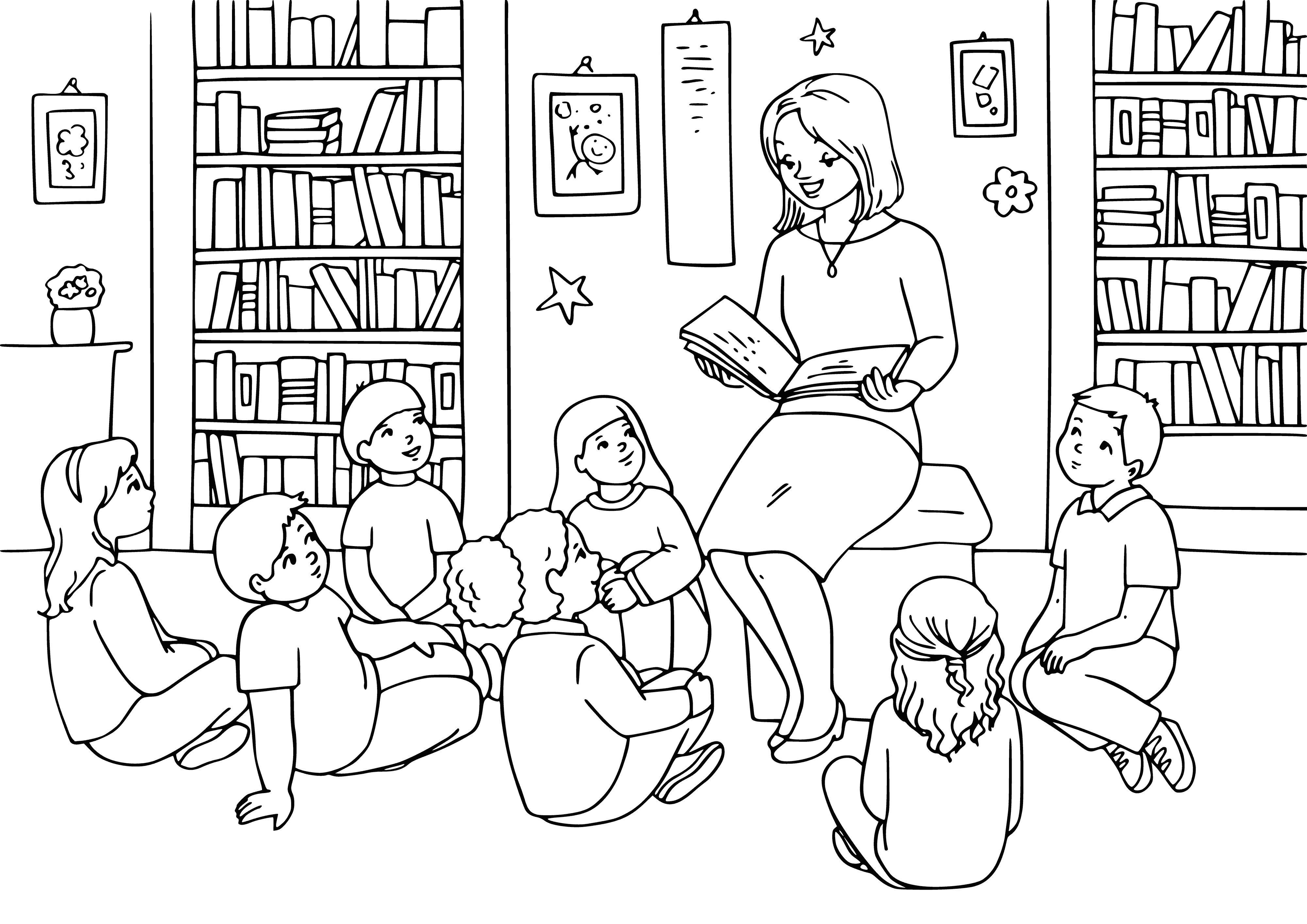 coloring page: Teacher reading to kids on floor, captivating their attention and sparking interest in learning.