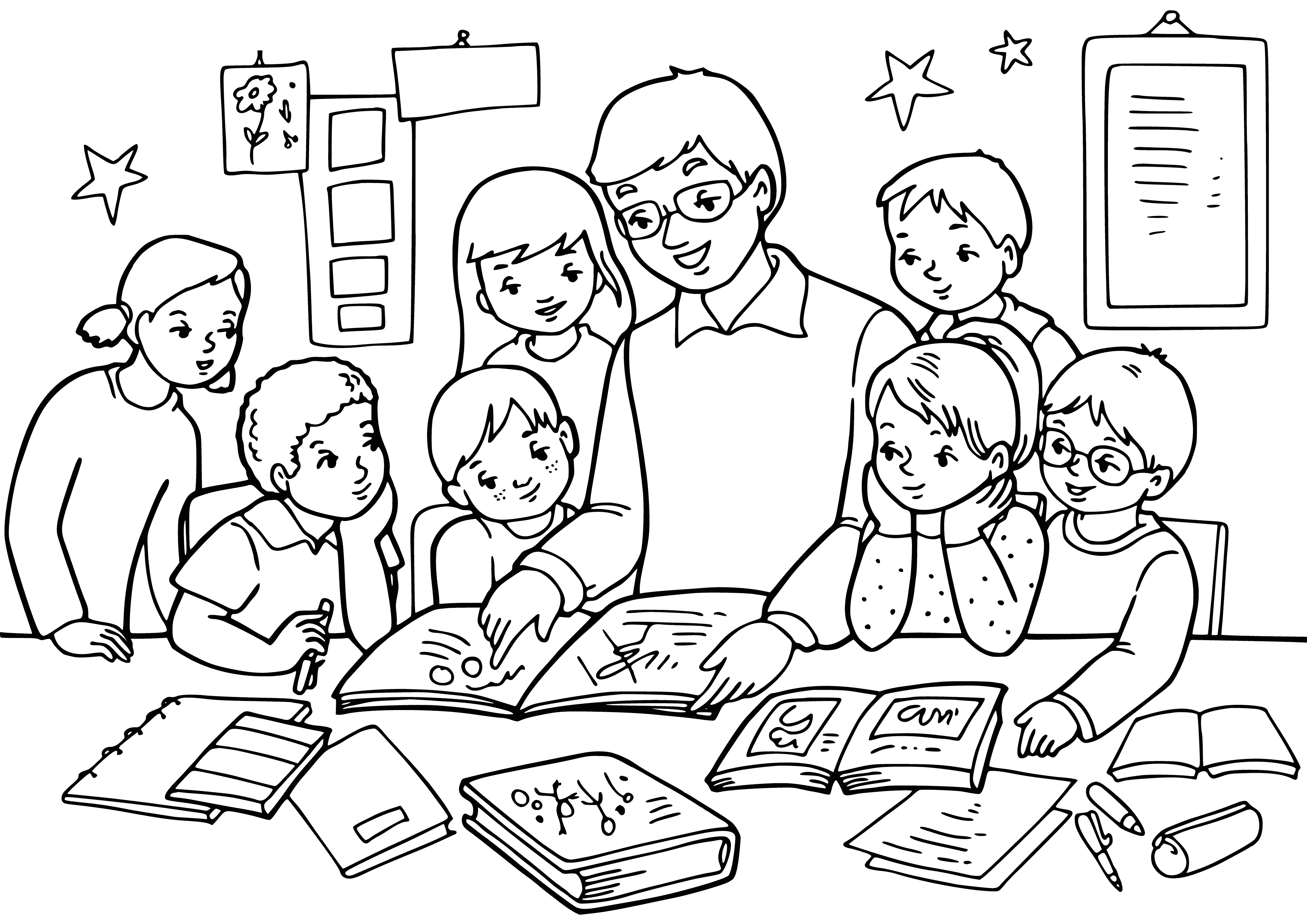 coloring page: Teacher standing in front of attentive students, pointing to book and reminding them "1 Sept is day of knowledge."